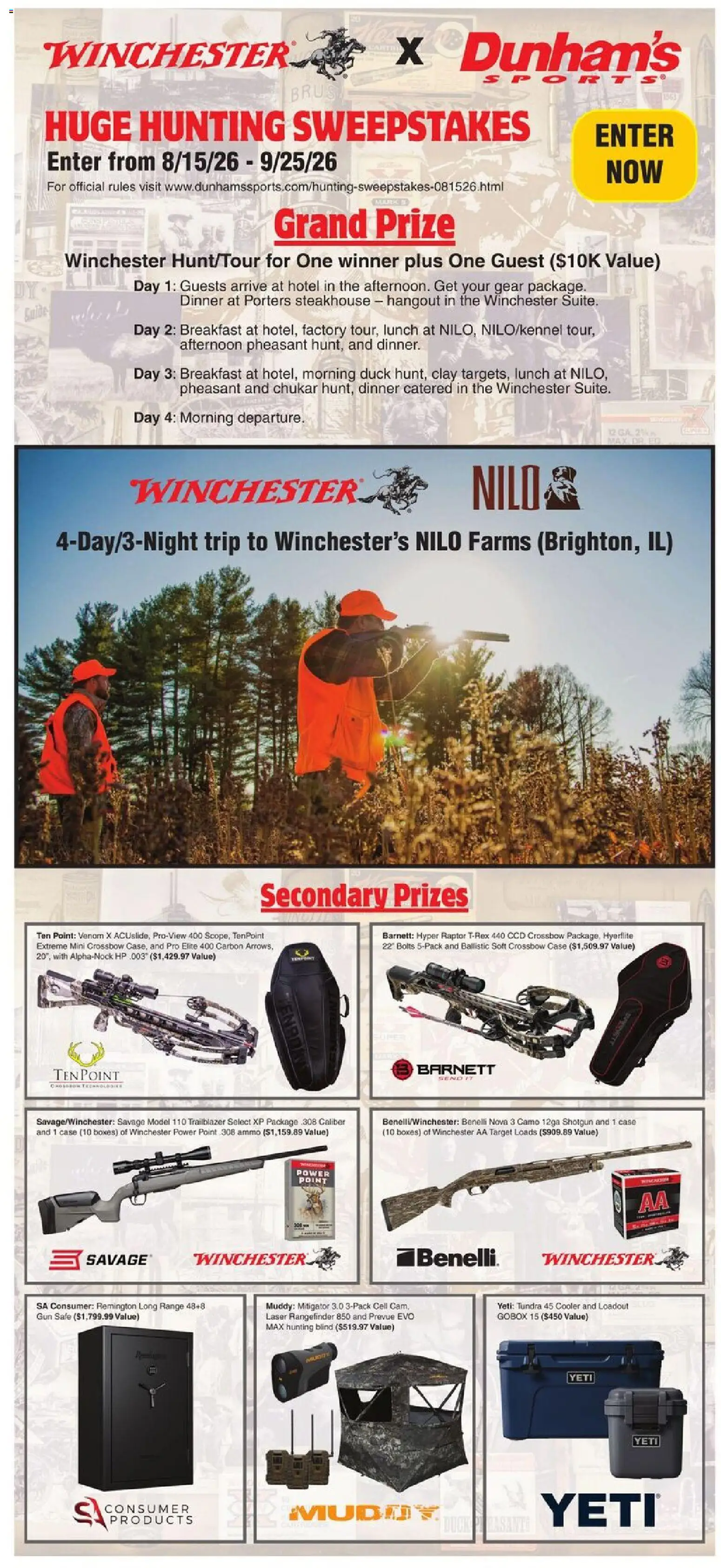 Dunham's Sports Huge Hunting Sweepstakes - valid from 08/15/2026 | Page: 1 | Products: Safe, Bolts, Duck, Rangefinder