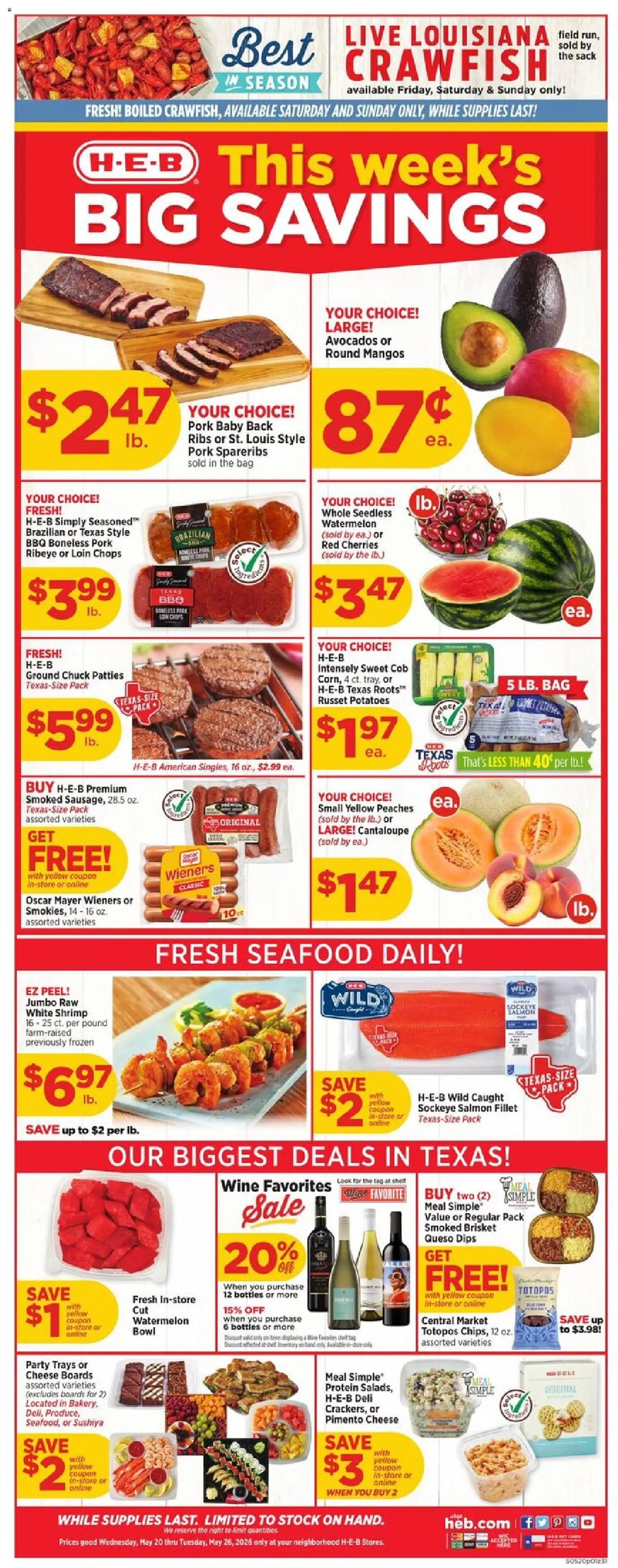 H-E-B Weekly Ad - valid from 20.05.2026 | Page: 1 | Products: Cherries, Wine, Potatoes, Bag