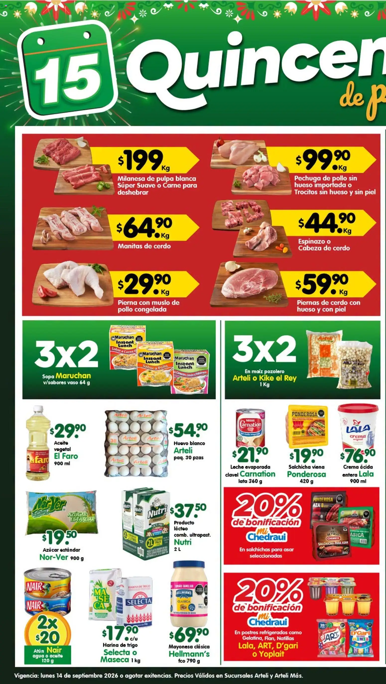 Nuevas ofertas de Arteli válidas en toda la República Mexicana desde el 14/09/2026. ¡Encuentra las mejores ofertas en Arteli folleto Tuxpan! | Página: 1 | Productos: Milanesa, Azúcar, Agua, Salchichas