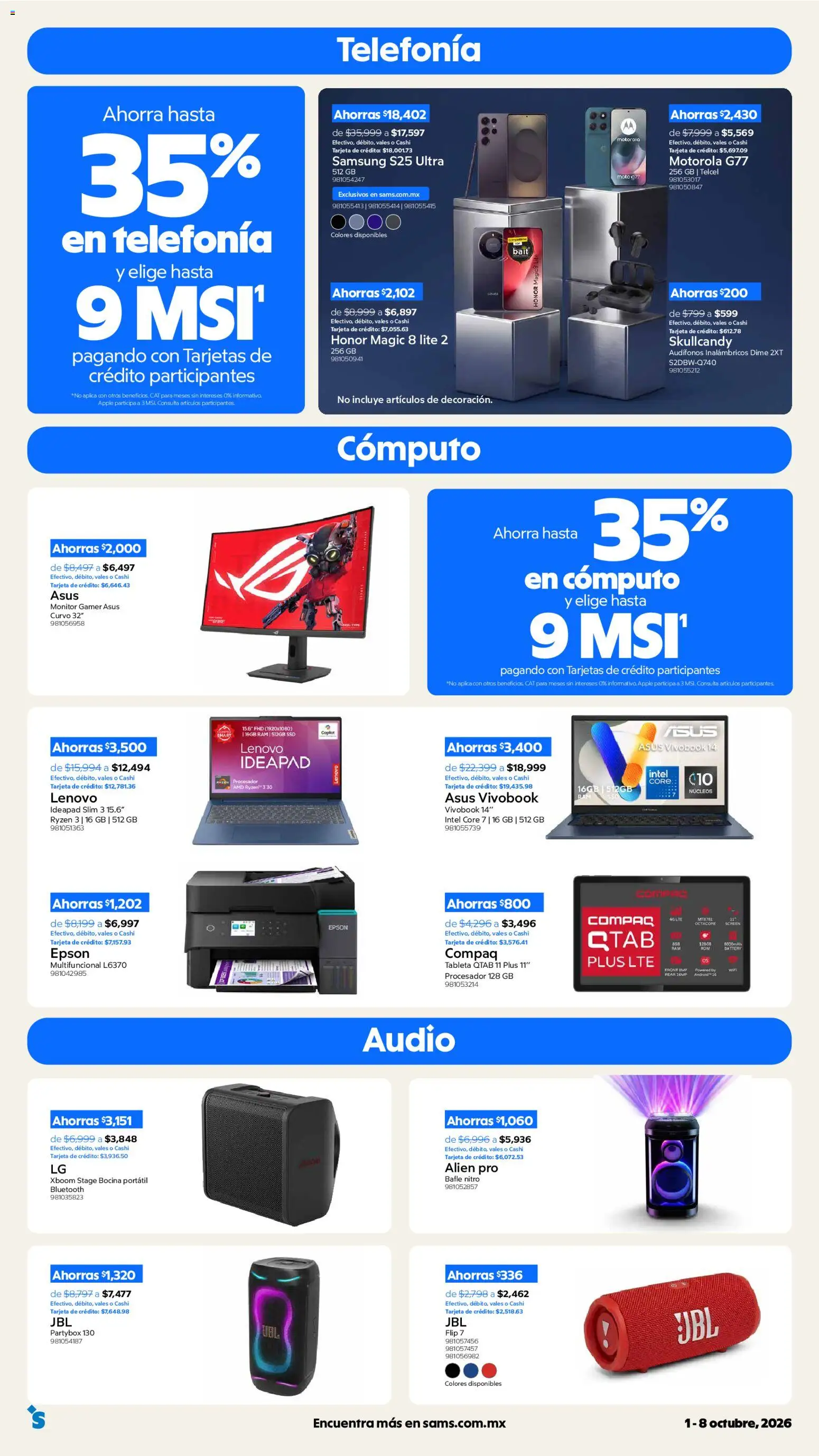Nuevas ofertas de Sam's Club válidas en toda la República Mexicana desde el 01/10/2026. ¡Encuentra las mejores ofertas en Sam's Club catálogo! | Página: 3 | Productos: Tablet, Audio, Bocina, Audífonos inalámbricos