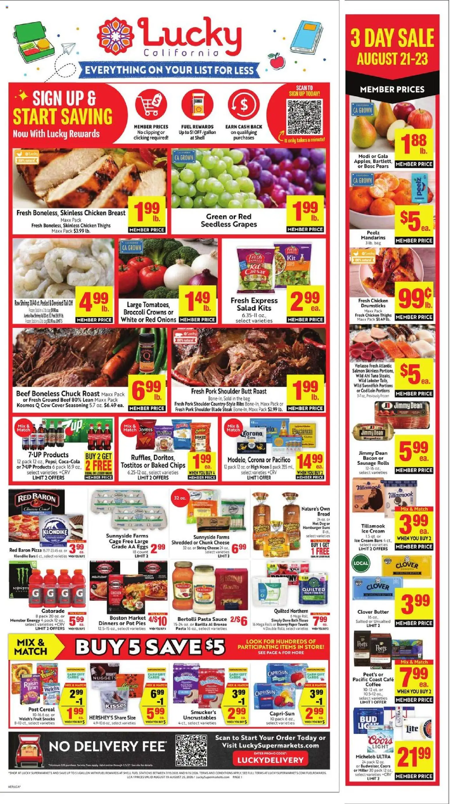 Lucky Supermarkets Weekly Ad - valid from 08/19/2026 | Page: 1 | Products: Beef, Salad, Drumsticks, Seedless grapes