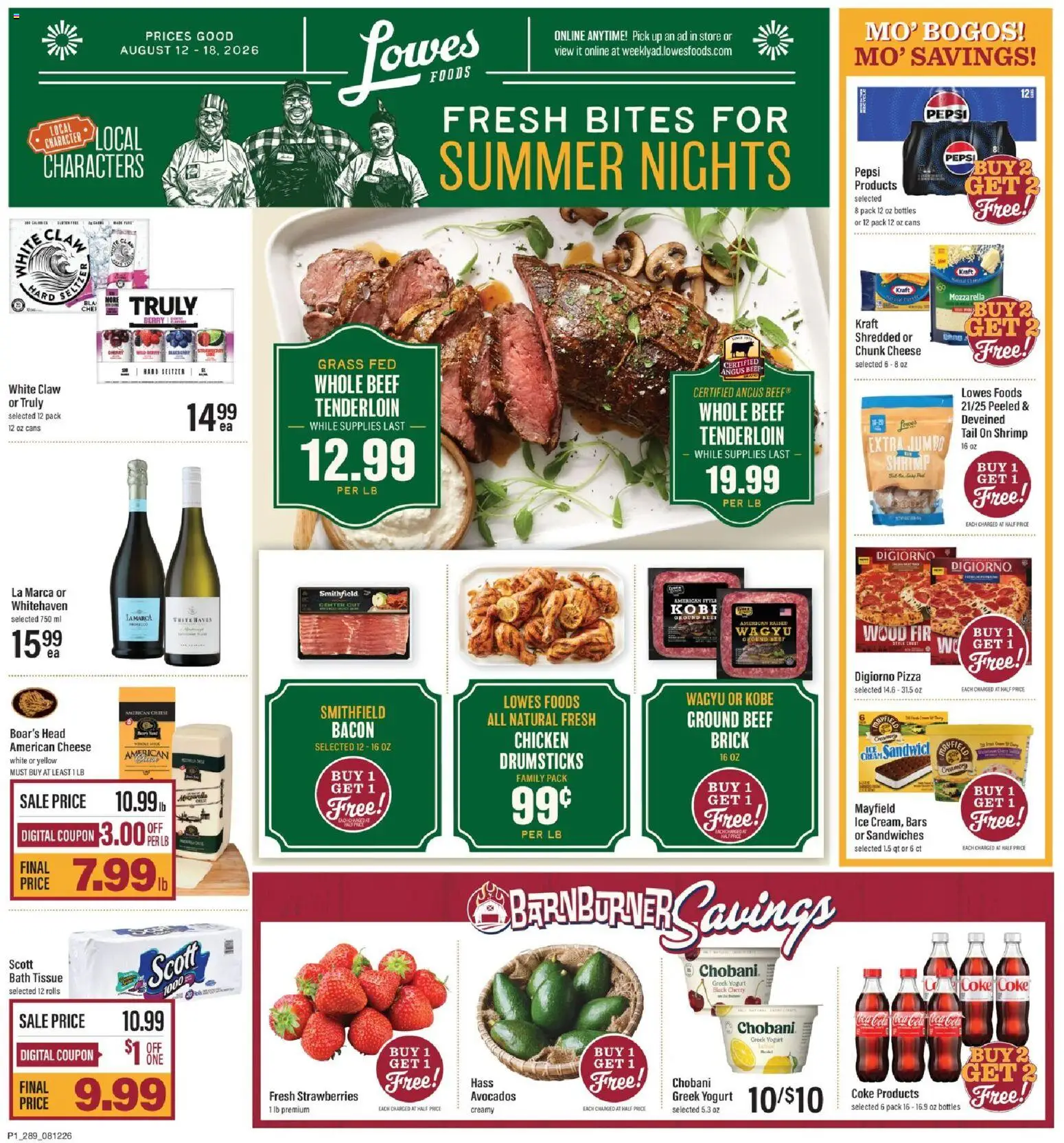 Lowes Foods Weekly Ad - valid from 08/12/2026 | Page: 1 | Products: Beef, Strawberries, Ice, Pepsi
