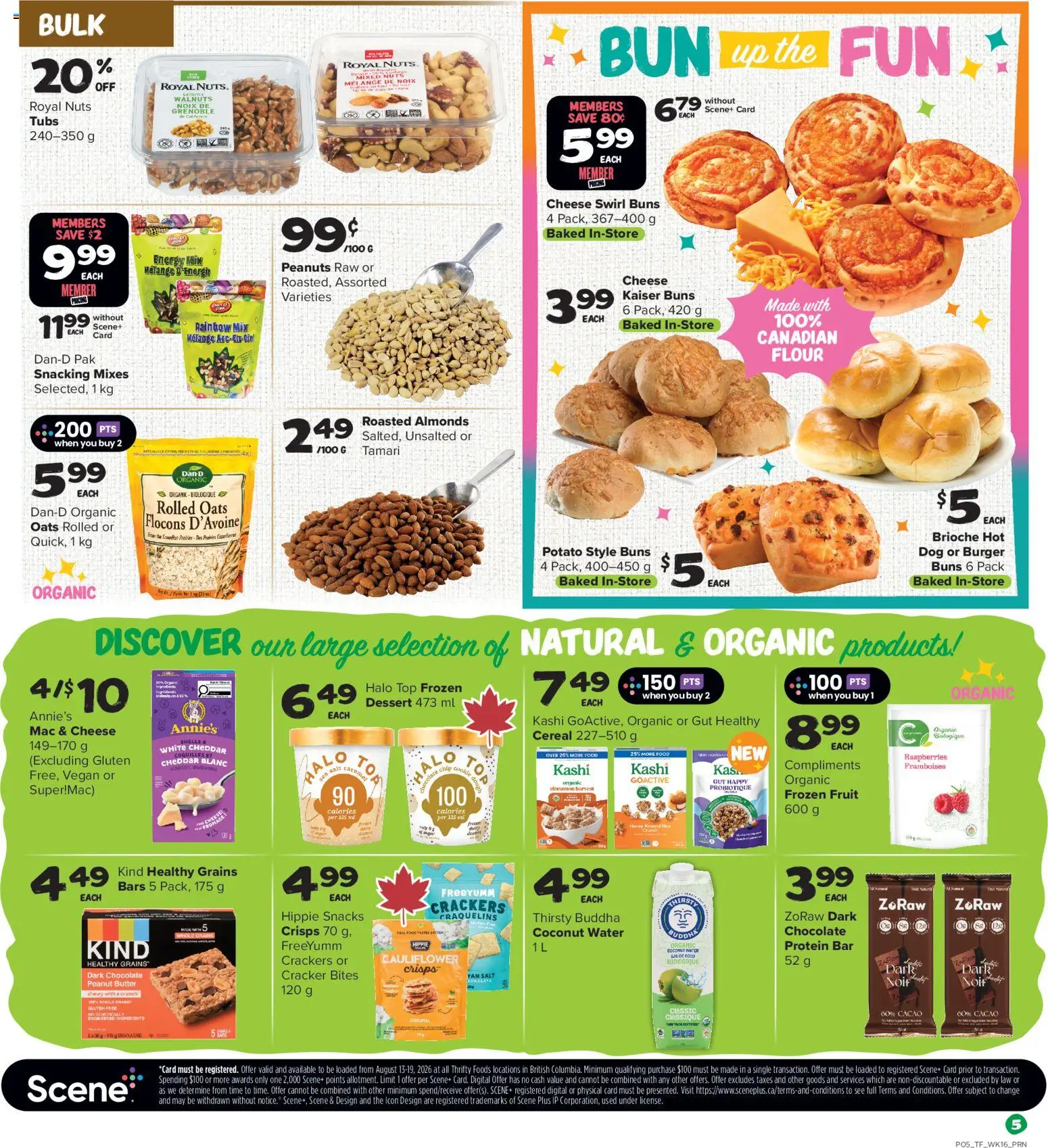 Thrifty Foods flyer valid from Aug 13, 2026 | Page: 6 | Products: Oats, Flour, Roasted almonds, Cheese