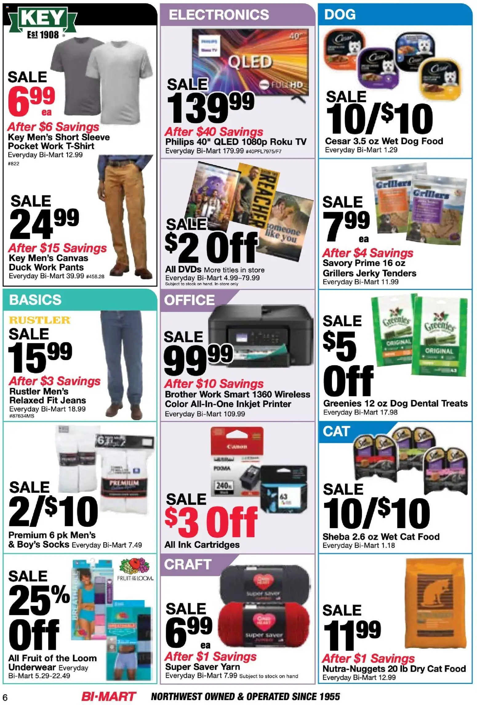 Bi-Mart Membership Savings Book - valid from 07/28/2026 | Page: 6 | Products: Dog Food, Cat Food, Underwear, Tv