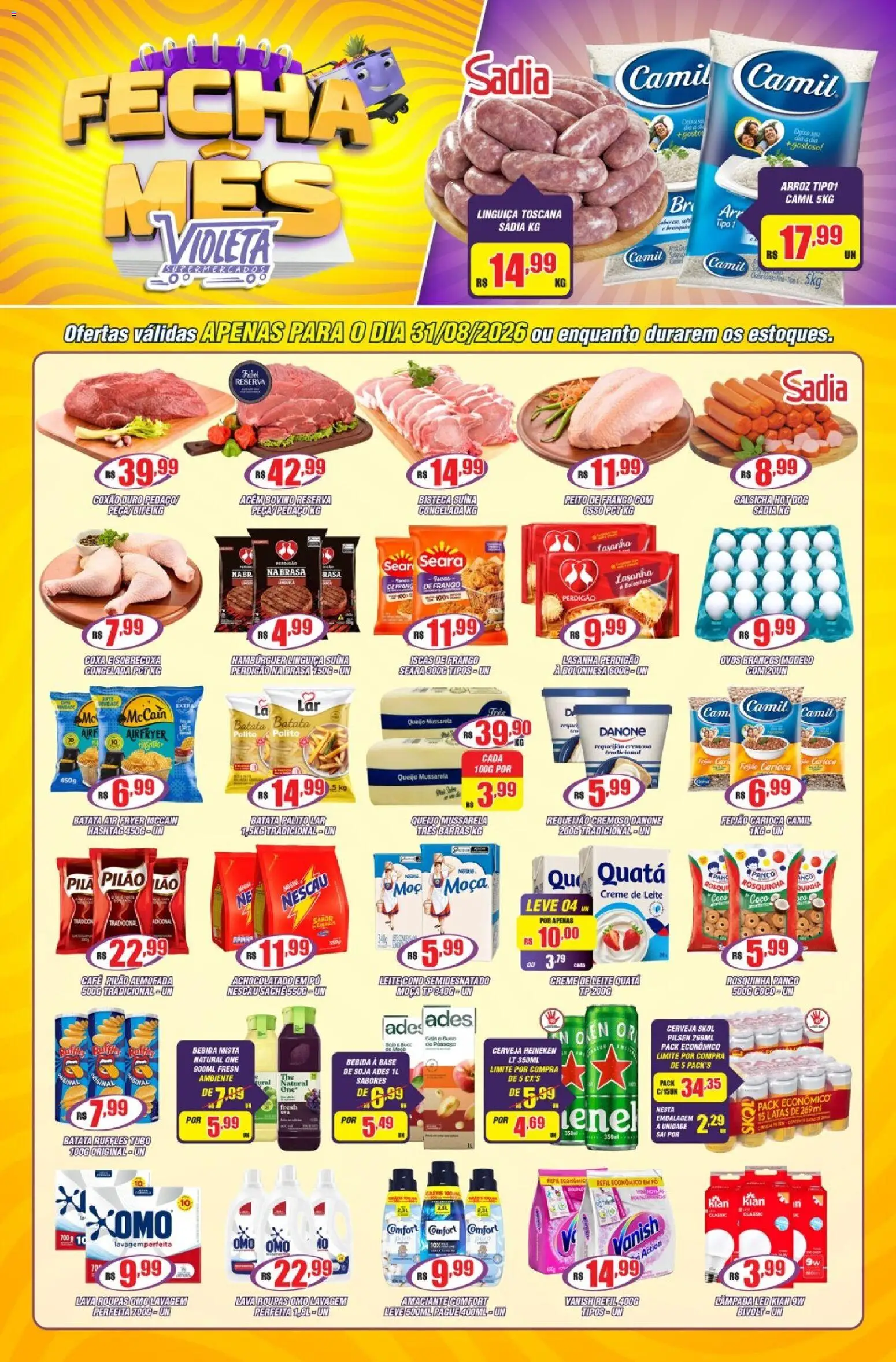 Violeta Supermercados Folheto - válido de 31/08/2026 | Página: 1 | Produtos: Feijão, Nescau, Lasanha, Mussarela