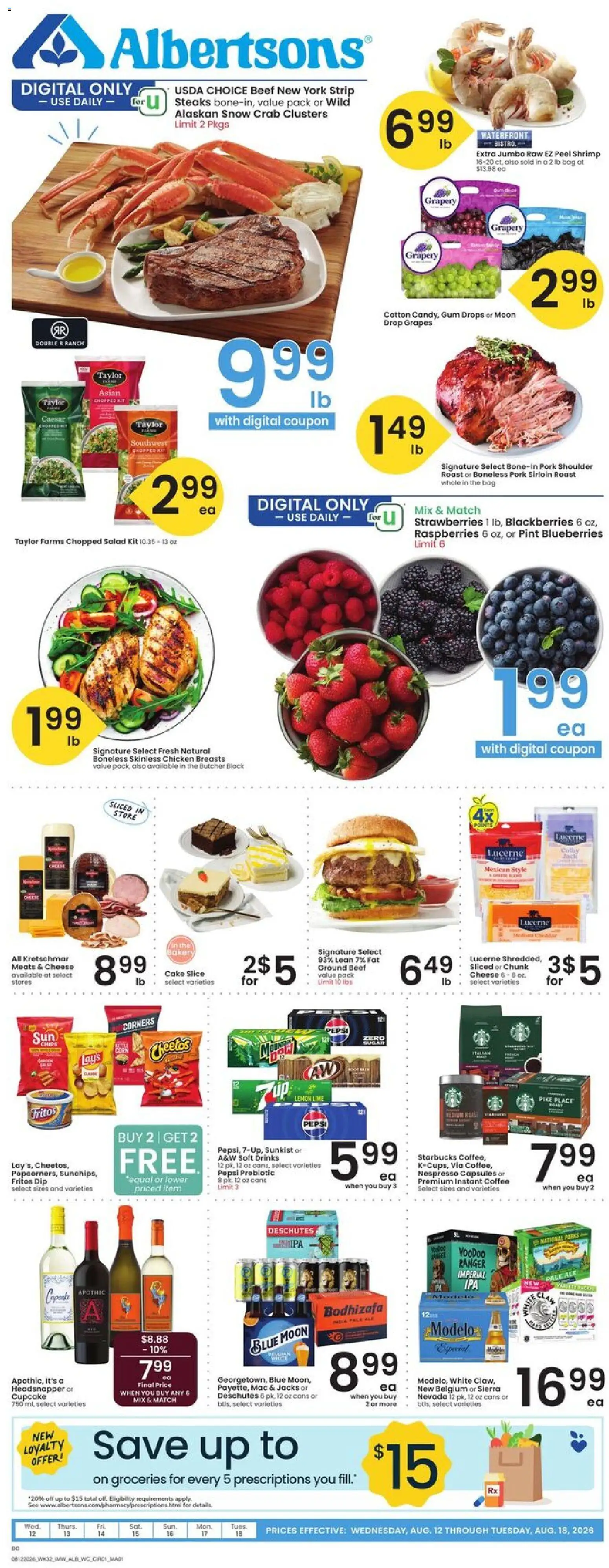 Albertsons Weekly Ad - valid from 08/12/2026 | Page: 1 | Products: Groceries, Chicken, Salad, Cupcake