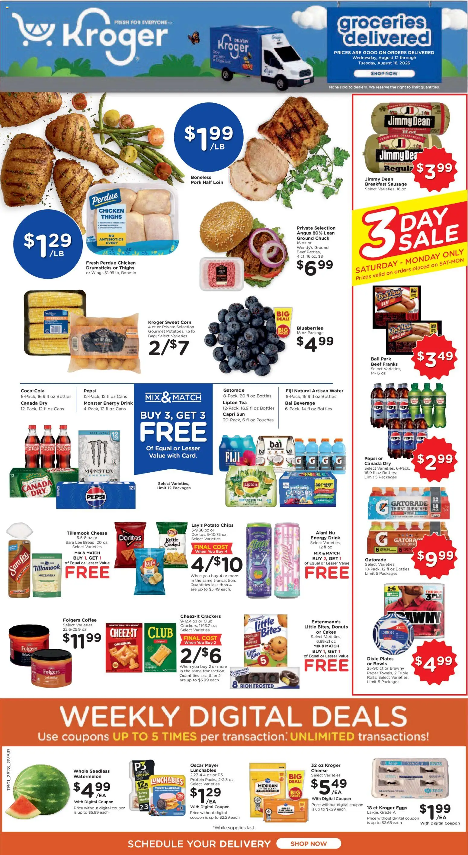 Kroger Ad - valid from 08/12/2026 | Page: 1 | Products: Protein, Sausage, Ground beef, Muffins