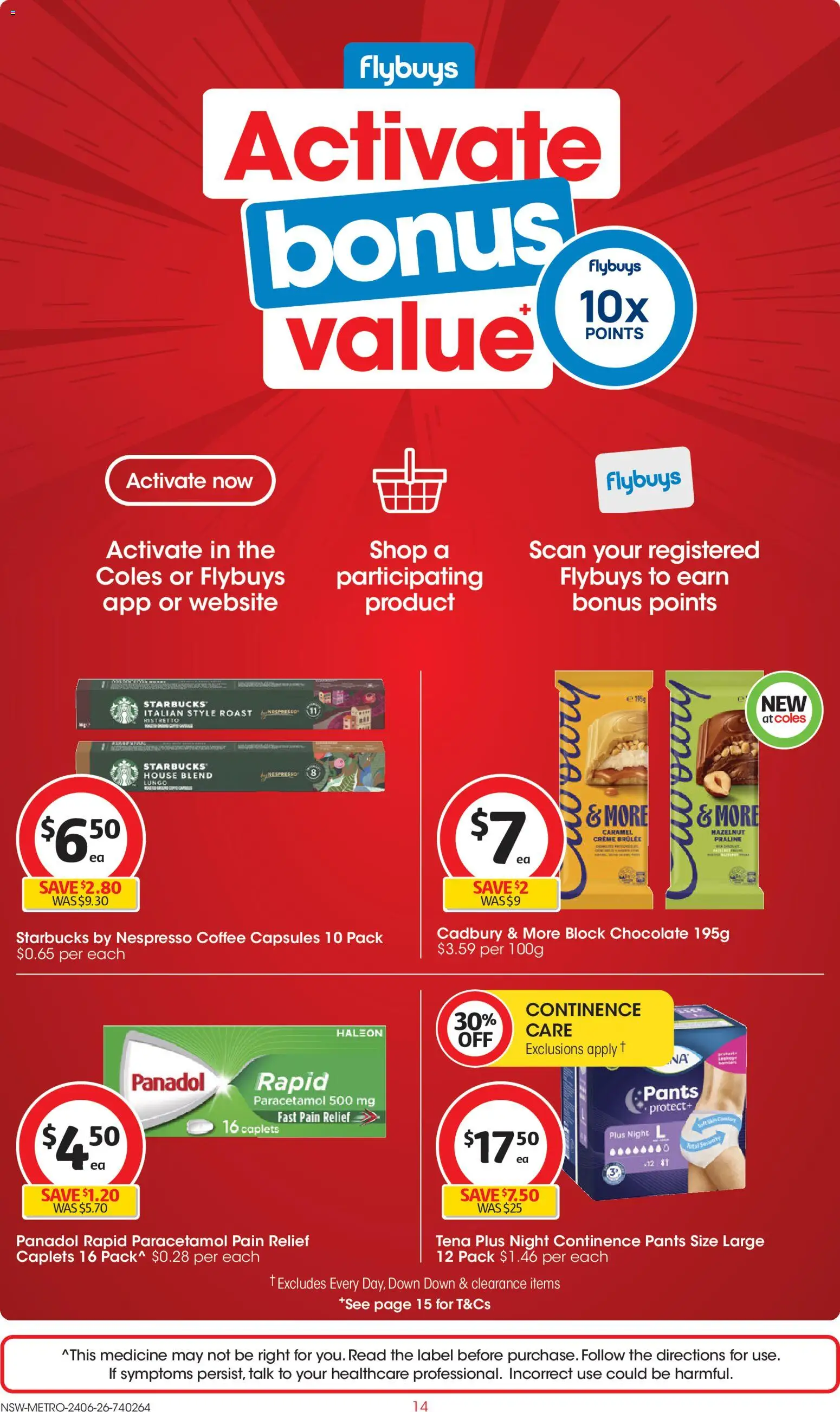 Coles catalogue - valid from 24/06/2026 | Page: 14 | Products: Coffee, Chocolate, Pants, Pain relief