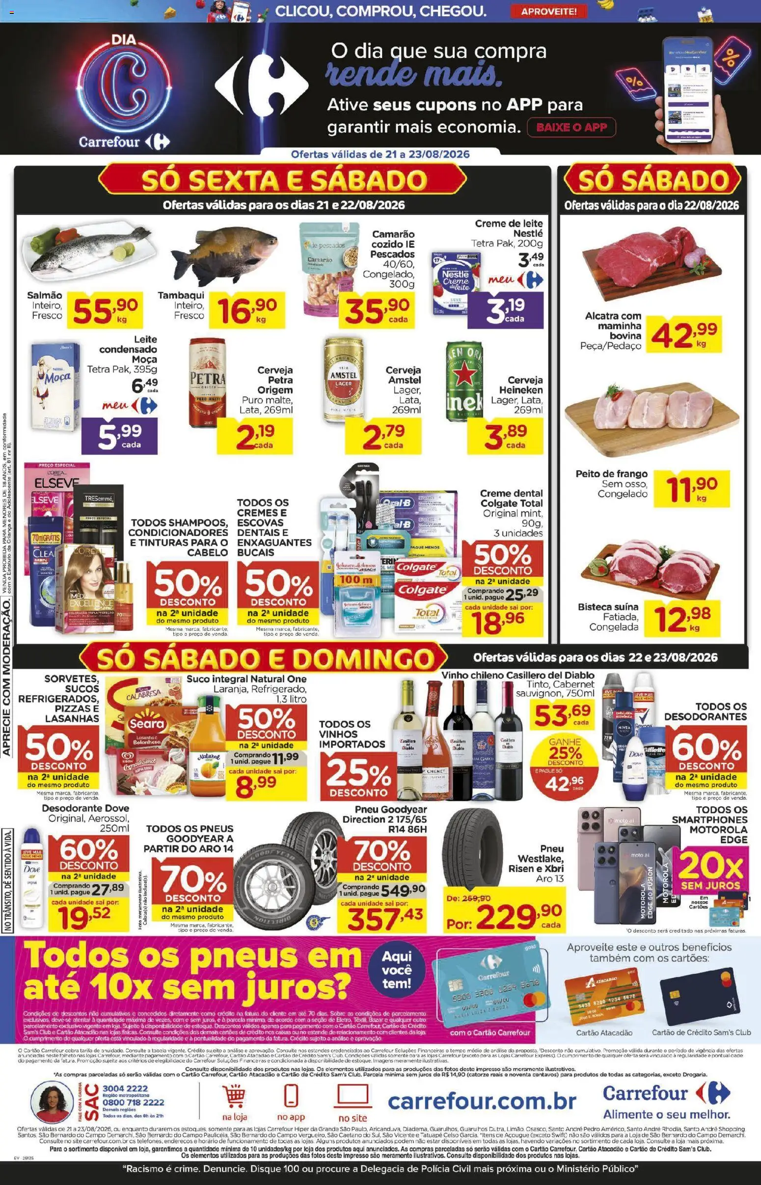 Carrefour Folheto - válido de 21/08/2026 | Página: 2 | Produtos: Leite, Camarão, Pneus, Creme dental