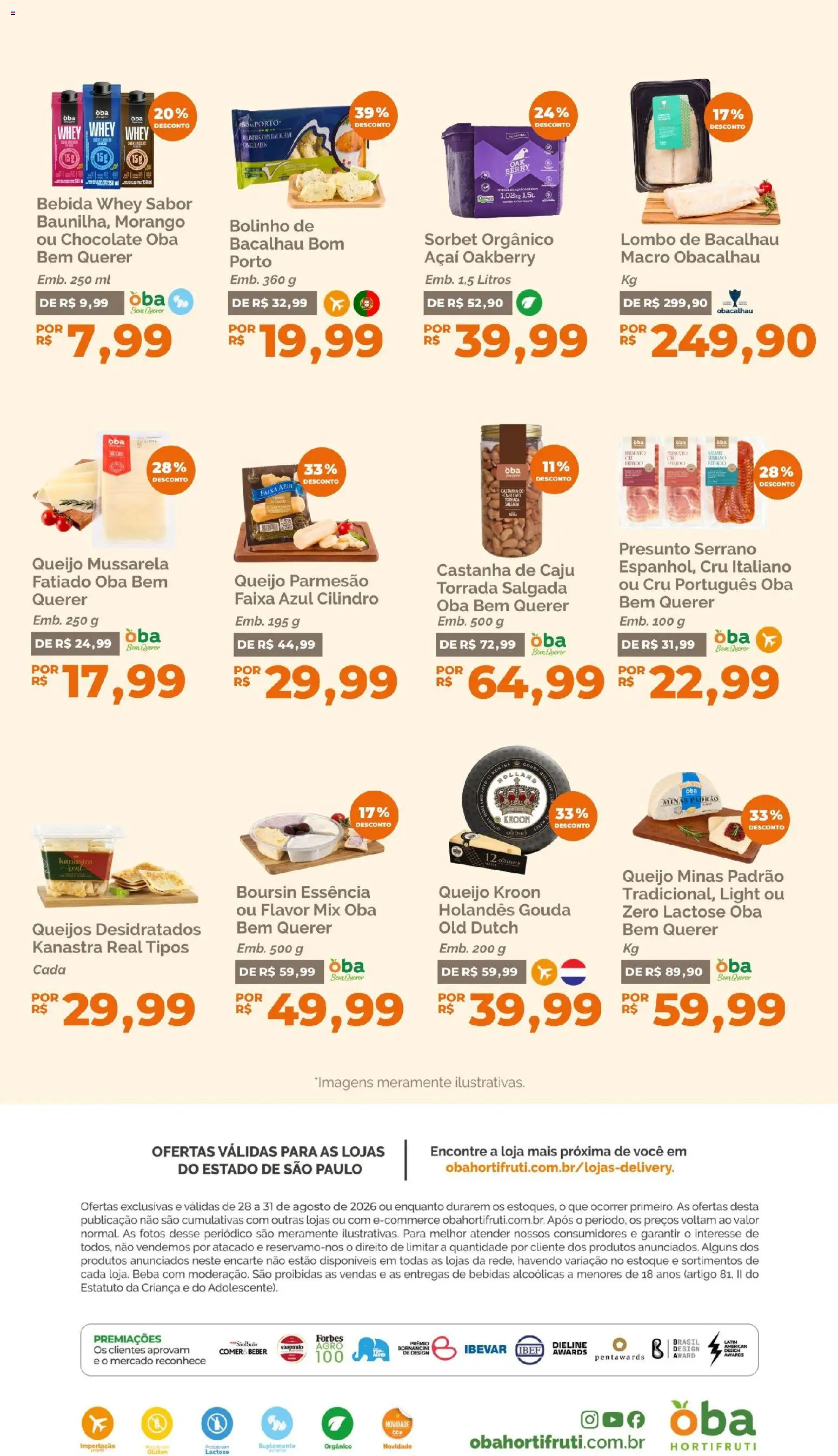 Oba Hortifruti Folheto - válido de 28/08/2026 | Página: 10 | Produtos: Bacalhau, Bebidas, Queijo parmesão, Açaí