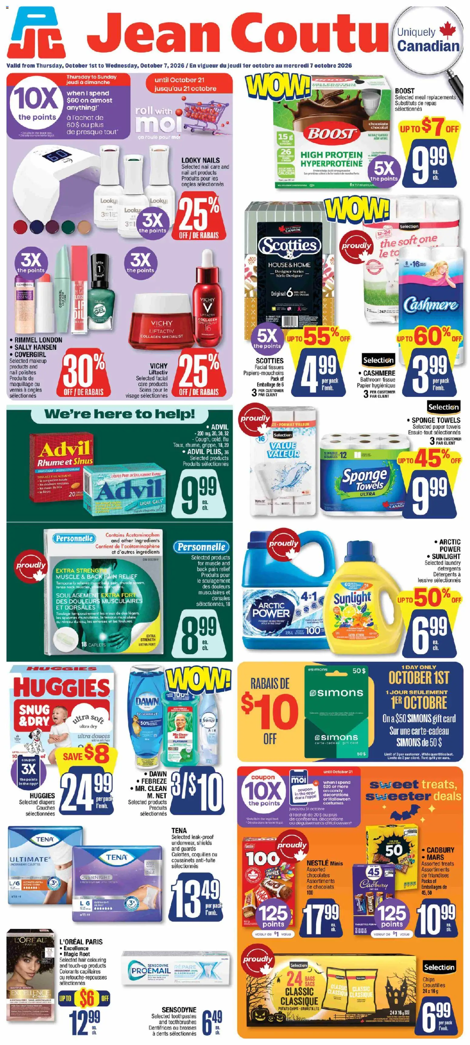 Jean Coutu flyer valid from Oct 1, 2026 | Page: 1 | Products: Paper towels, Diapers, Towels, Ingredients