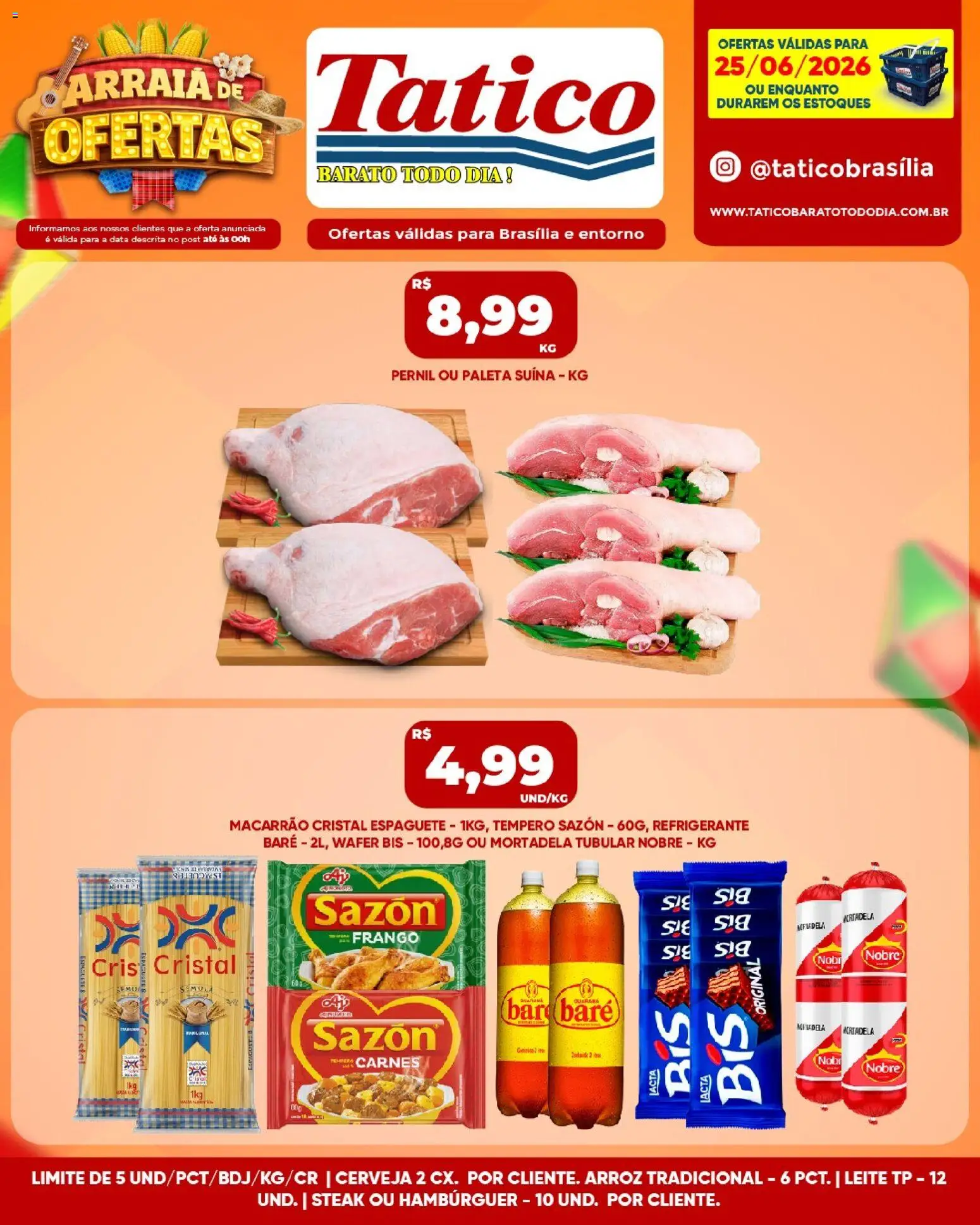 Tatico Folheto - válido de 26/06/2026 | Página: 27 | Produtos: Pernil, Mortadela, Arroz, Hambúrguer