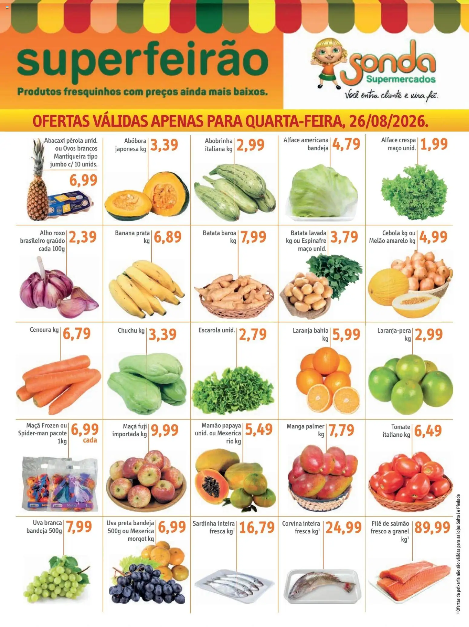 Sonda Folheto - válido de 26/08/2026 | Página: 1 | Produtos: Tomate, Espinafre, Salmão, Mamão