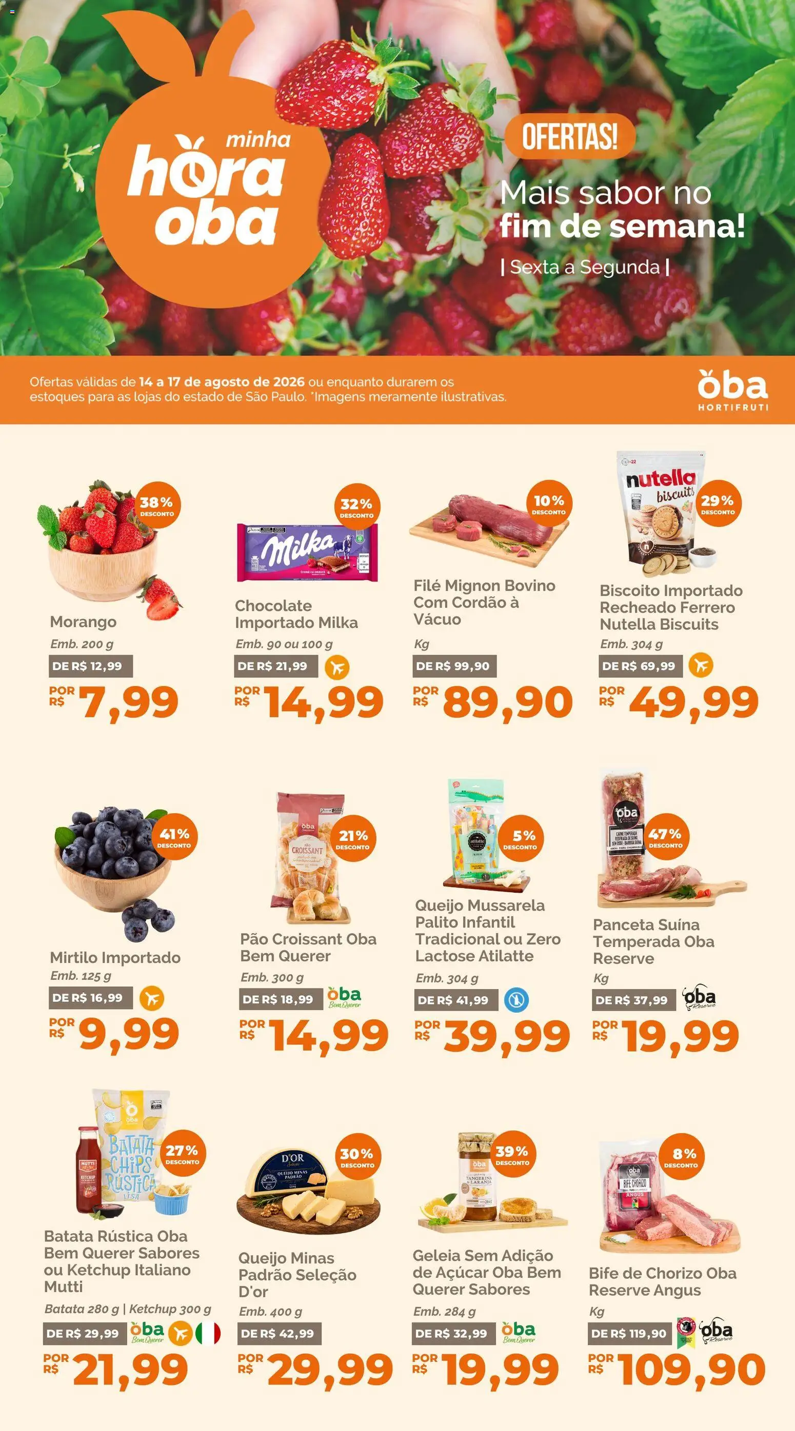 Oba Hortifruti Folheto - válido de 14/08/2026 | Página: 1 | Produtos: Filé mignon, Chocolate, Geleia, Ketchup
