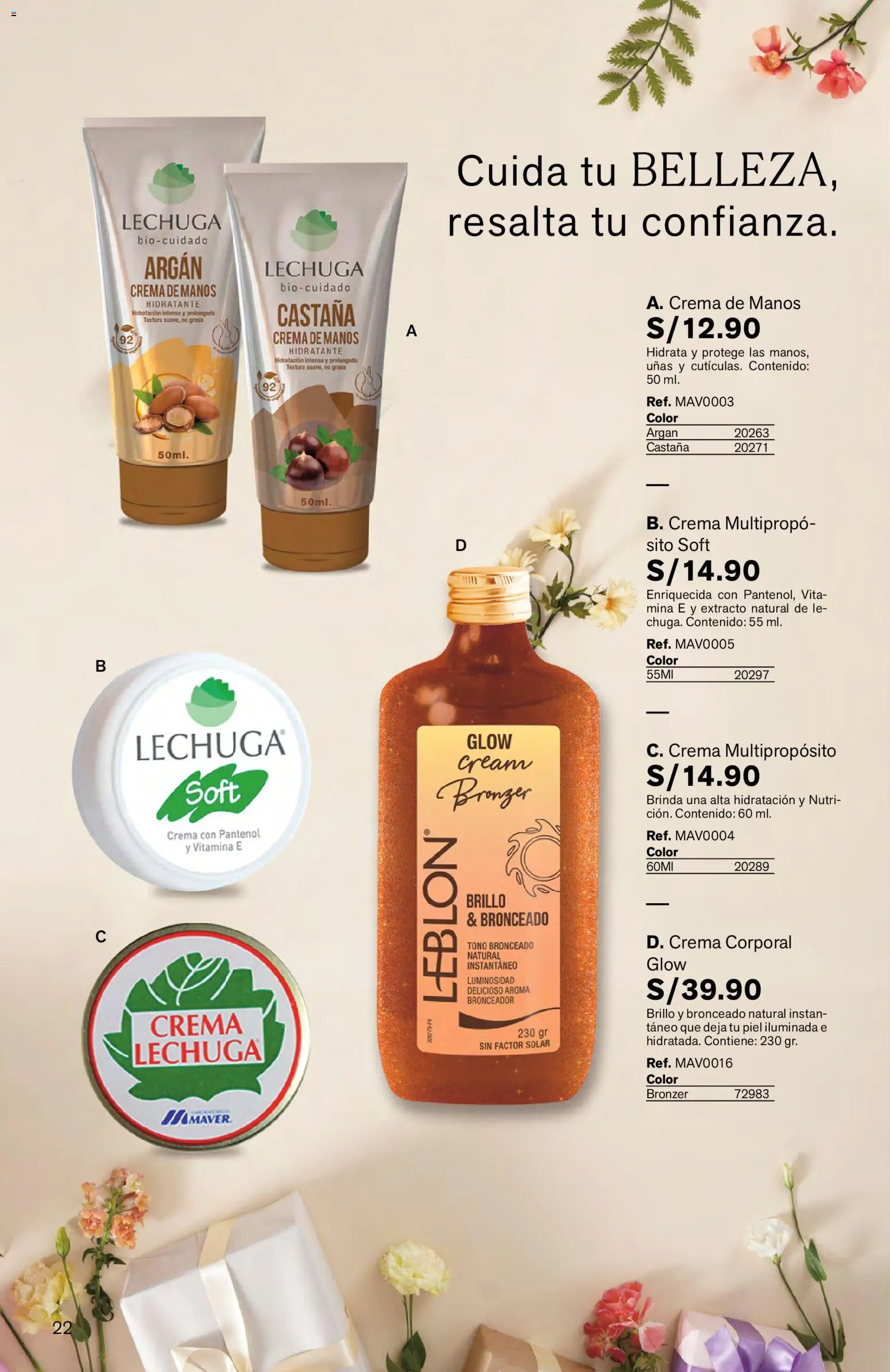 Catálogo Leonisa válido desde 27.04.2026 | Página: 22 | Productos: Crema de manos, Crema, Lechuga, Bronceador