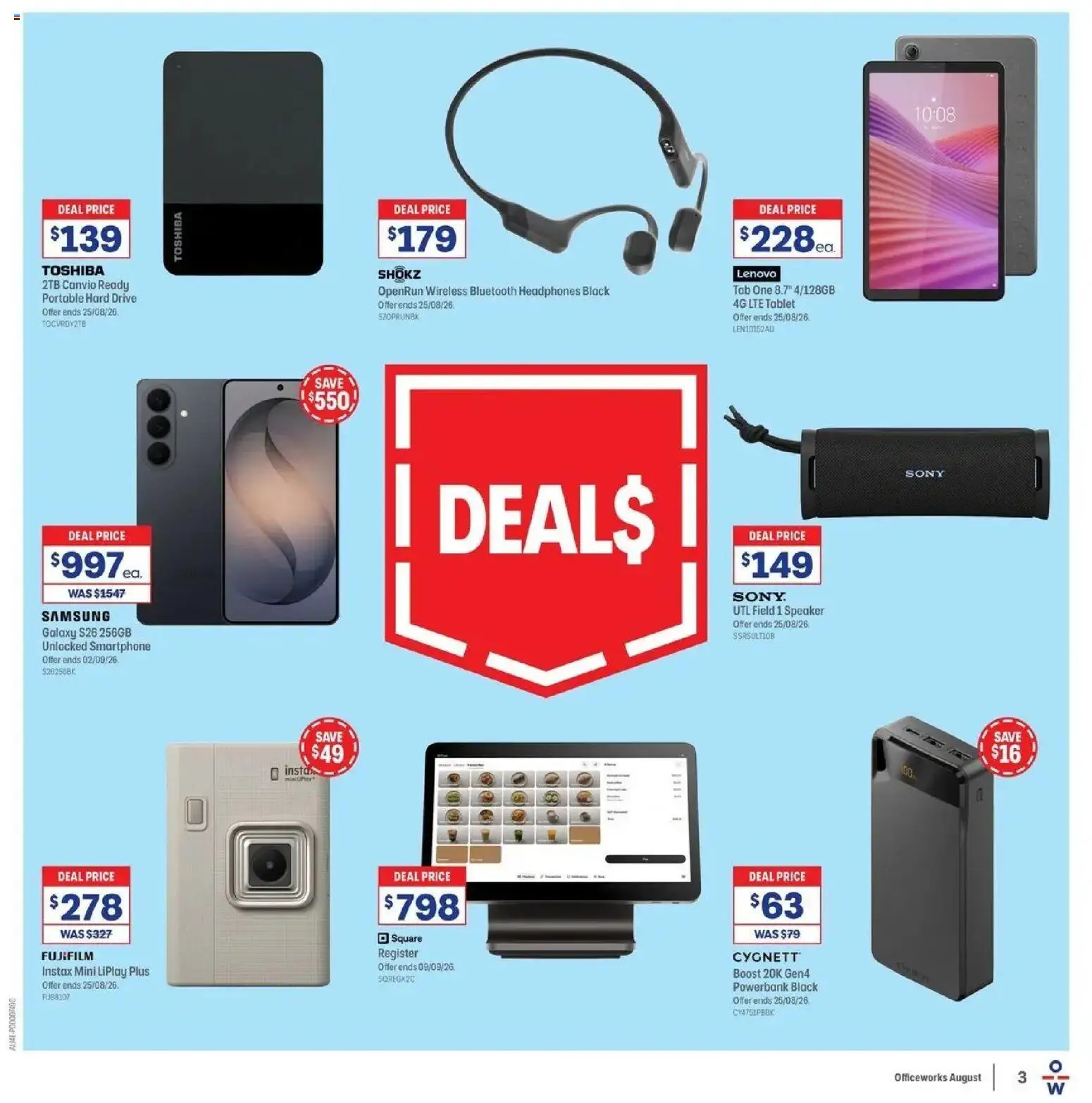 Officeworks catalogue - valid from 11/08/2026 | Page: 3 | Products: Bluetooth headphones, Smartphone, Tablet, Portable