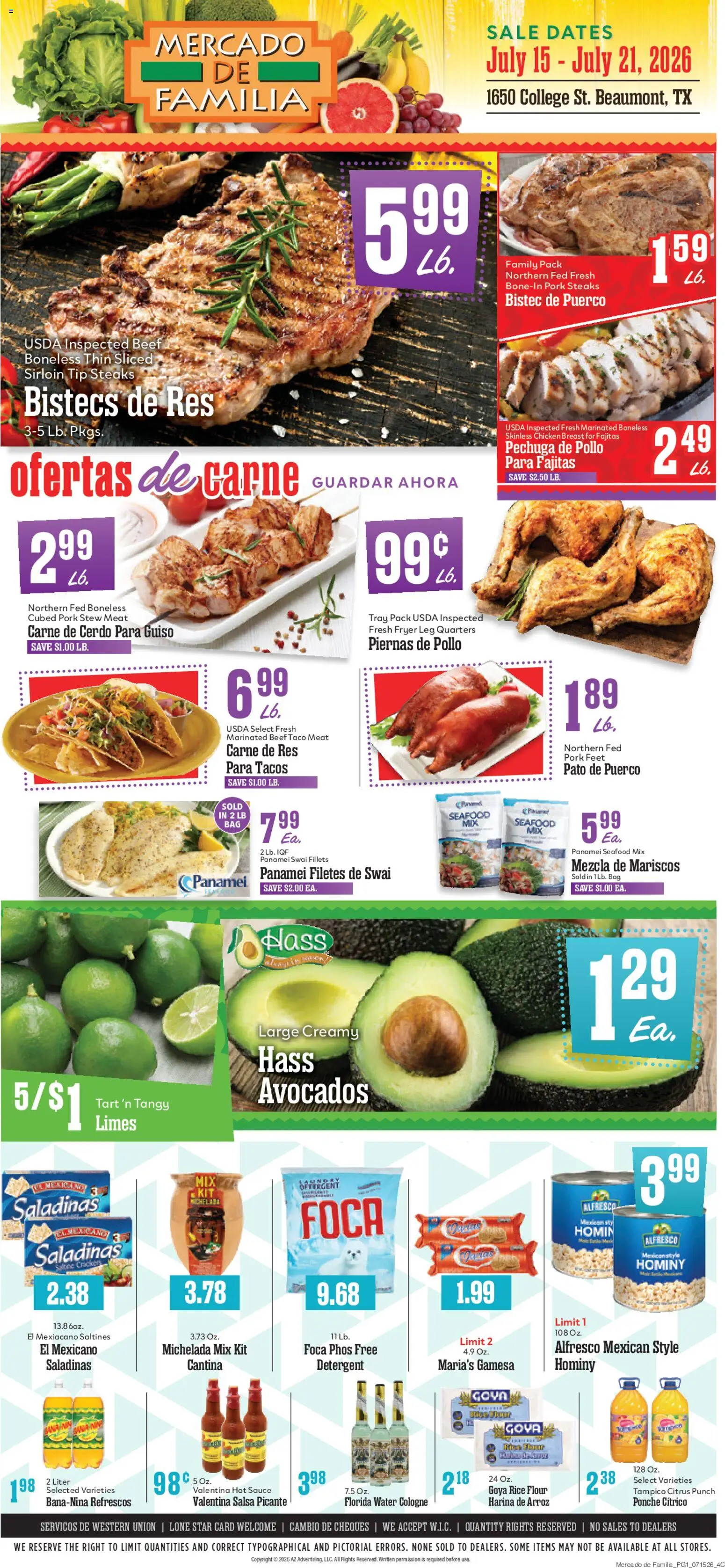 Market Basket Mercado de Familia - valid from 07/15/2026 | Page: 1 | Products: Fryer, Pork, Rice, Detergent