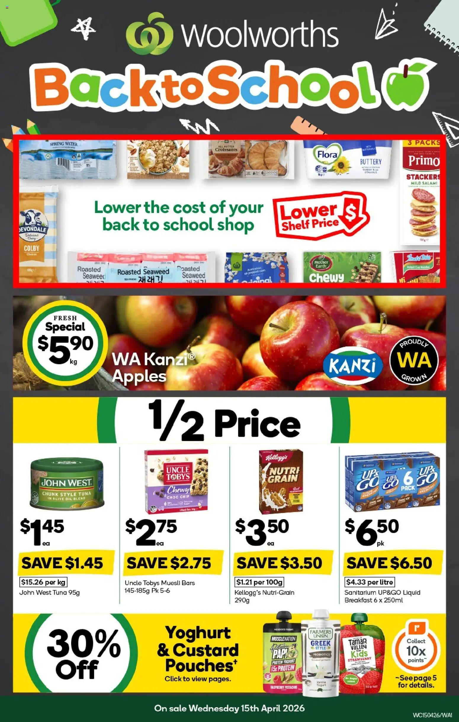 Woolworths catalogue - valid from 15.04.2026 | Page: 1 | Products: Yoghurt, Olive oil, Water, Tuna
