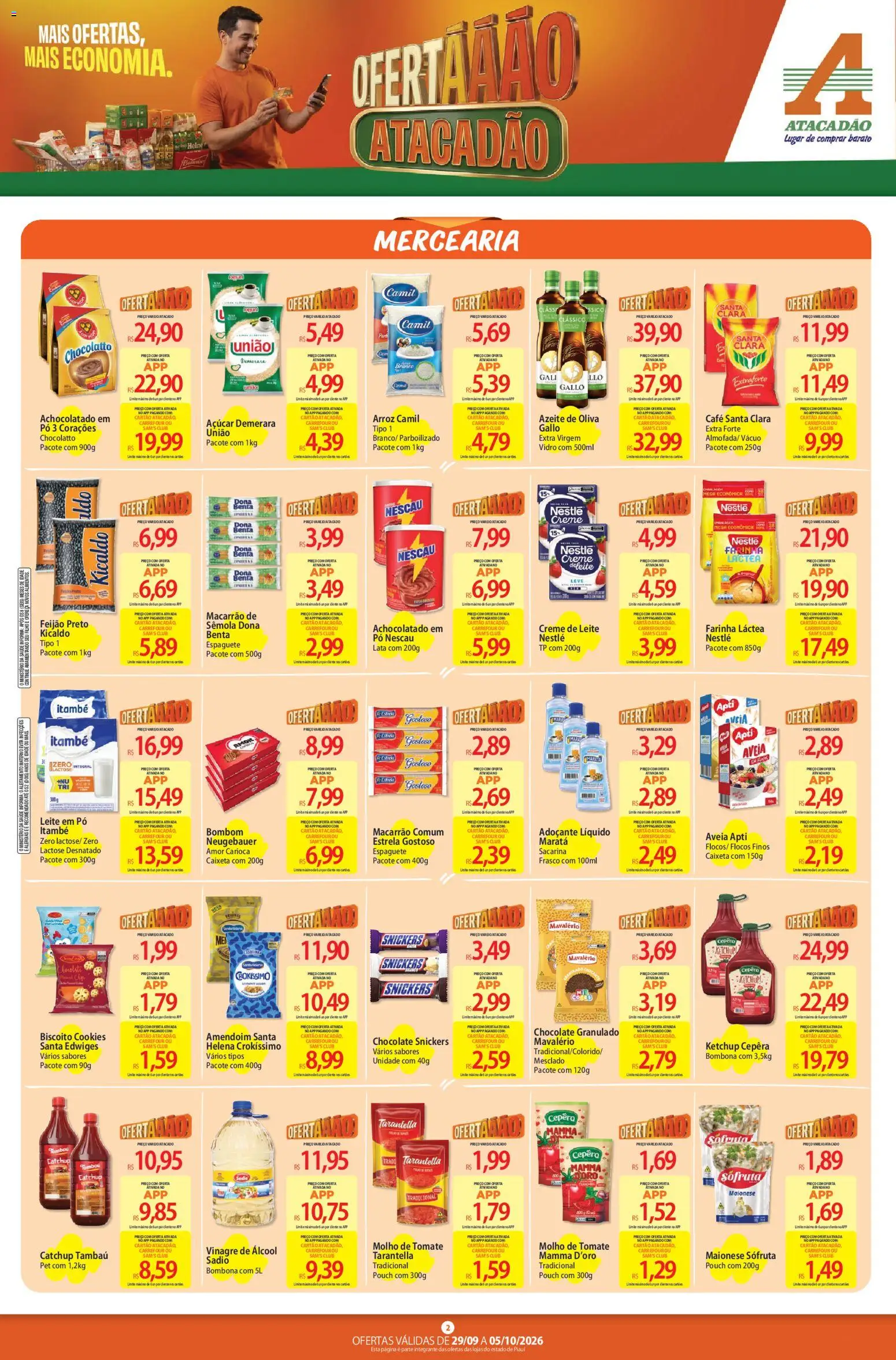 Atacadão Folheto - válido de 29/09/2026 | Página: 2 | Produtos: Chocolate Snickers, Álcool, Açúcar, Maionese