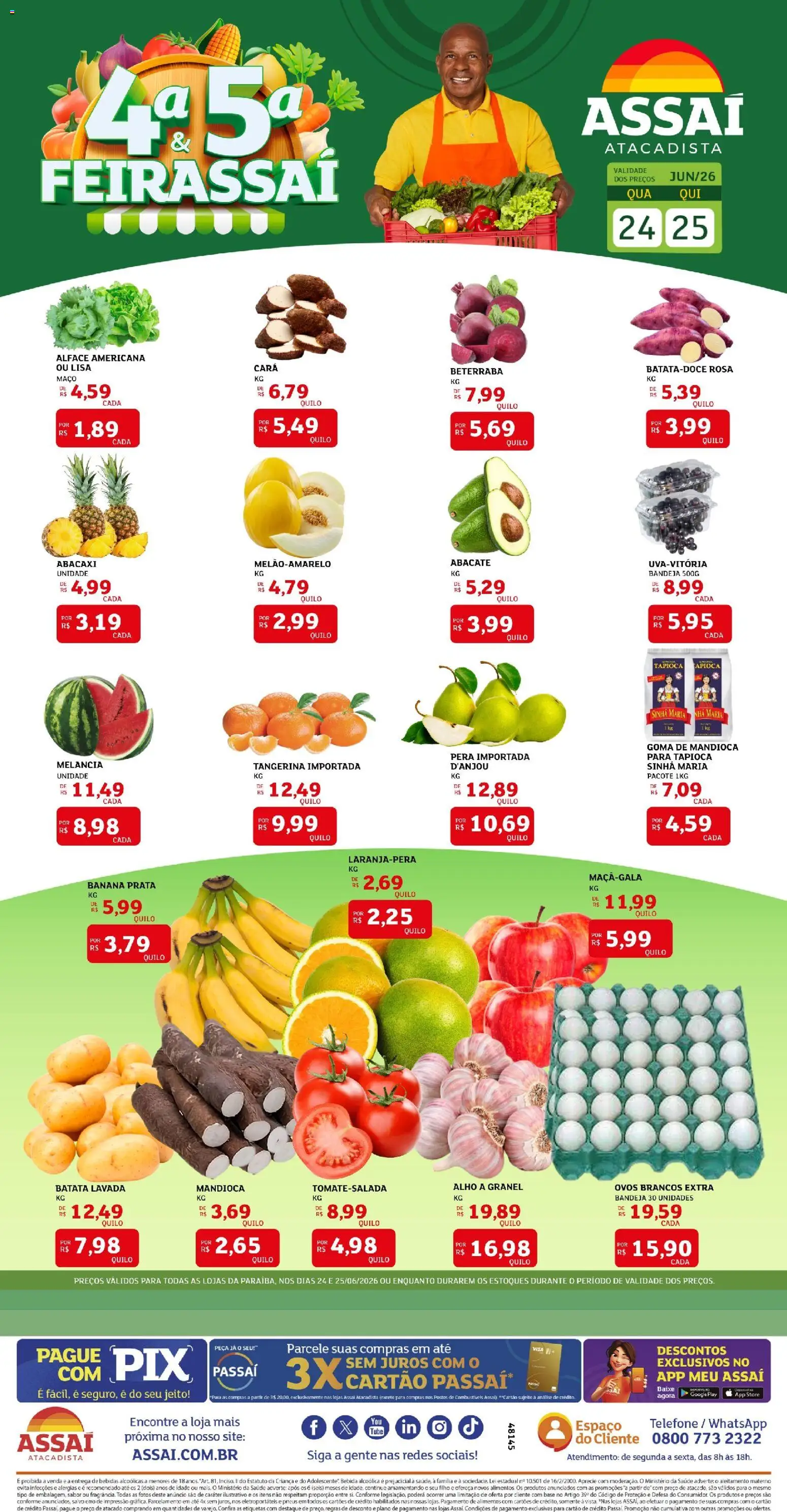 Assaí Atacadista Folheto - válido de 24/06/2026 | Página: 1 | Produtos: Cará, Mandioca, Base, Telefone