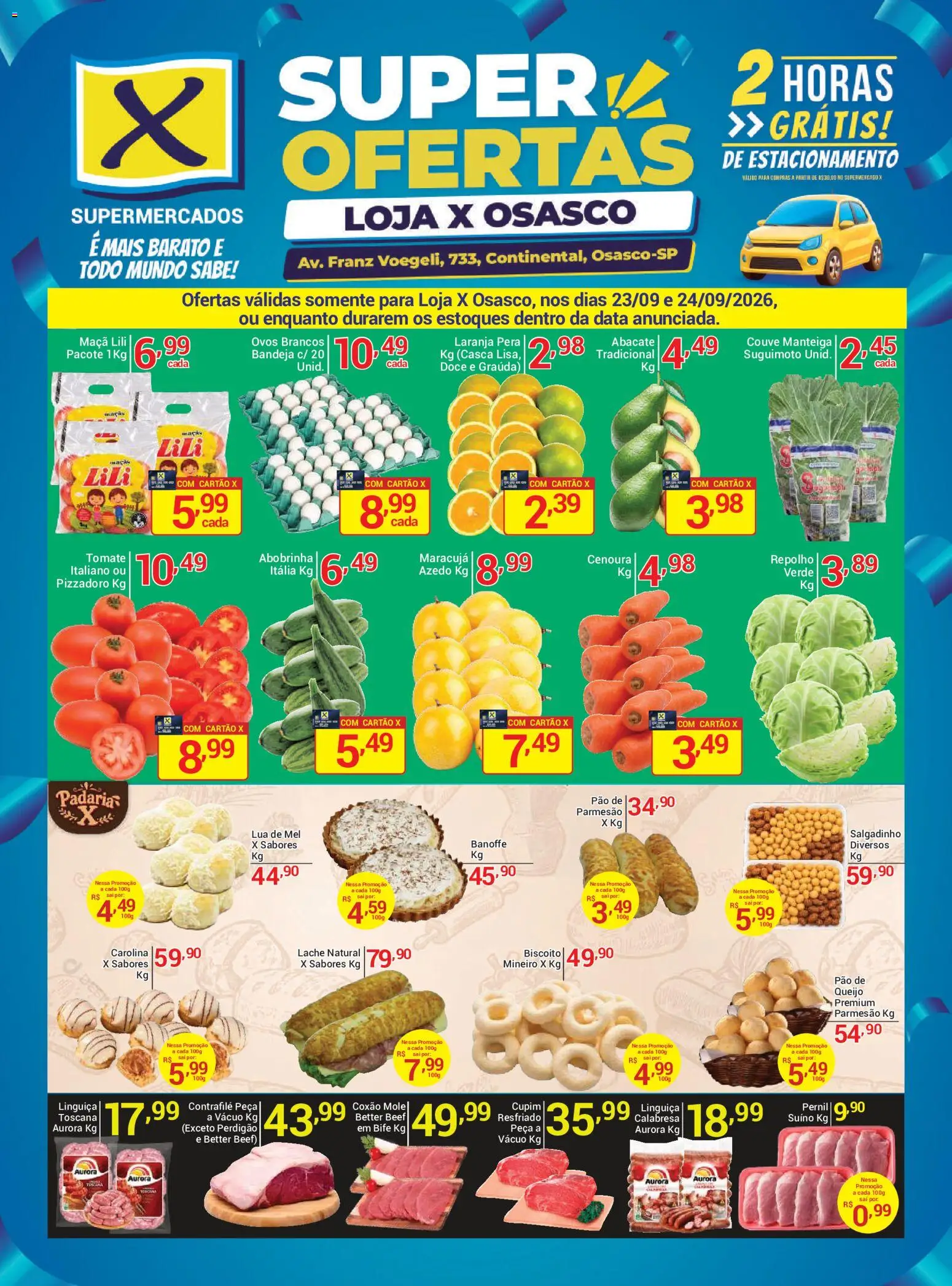 X Supermercados Folheto - válido de 23/09/2026 | Página: 1 | Produtos: Abobrinha, Biscoito, Abacate, Ovos