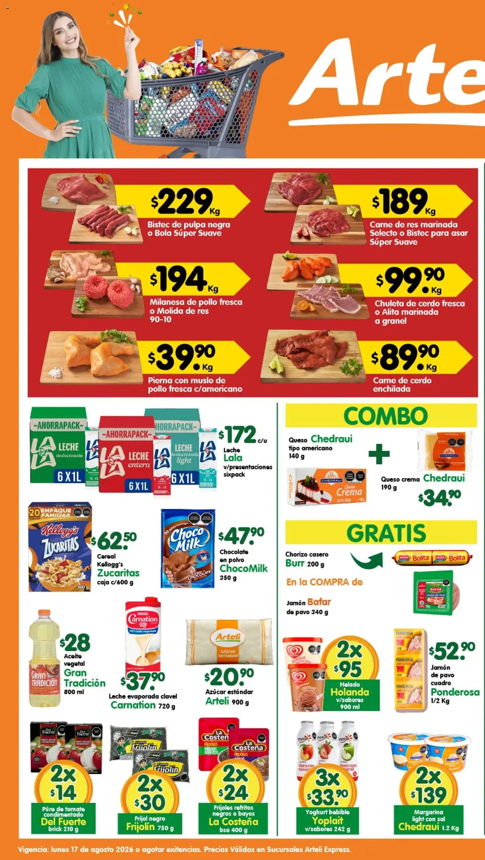 Nuevas ofertas de Arteli válidas en toda la República Mexicana desde el 17/08/2026. ¡Encuentra las mejores ofertas en Arteli folleto Express! | Página: 1 | Productos: Queso crema, Chuleta, Manzana, Res