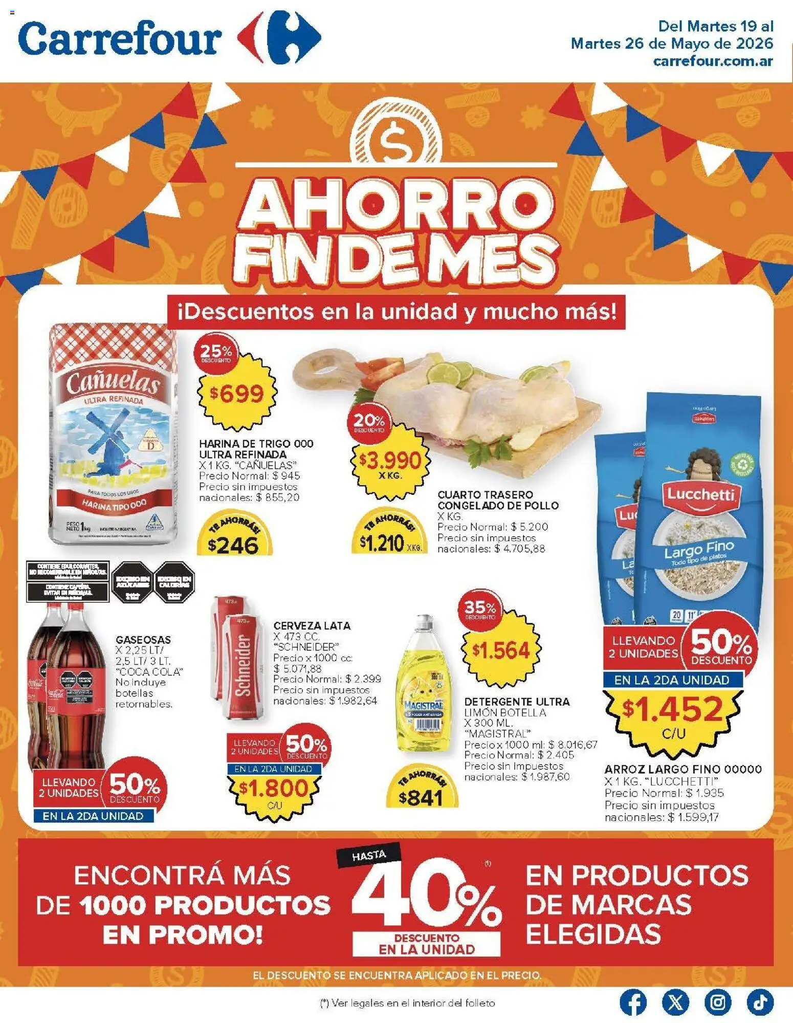 Carrefour - AHORRO FINDE MES │ válido desde el 19.05.2026 | Página: 1 | Productos: Botella, Pollo, Detergente, Cerveza