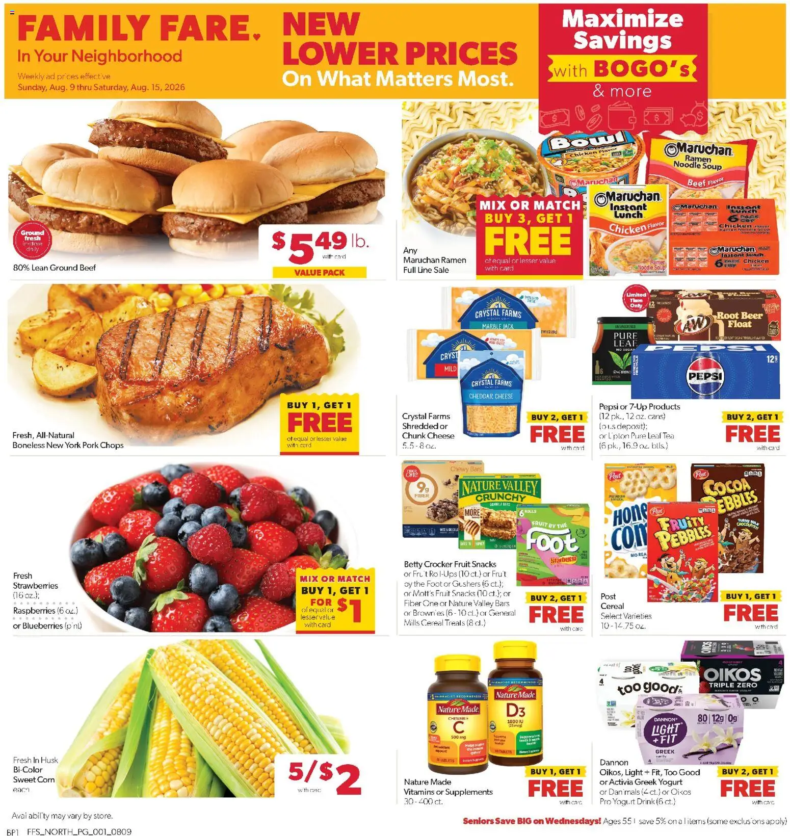 Family Fare Weekly Ad - MI - valid from 08/09/2026 | Page: 1 | Products: Pork, Fruit, Snacks, Pepsi