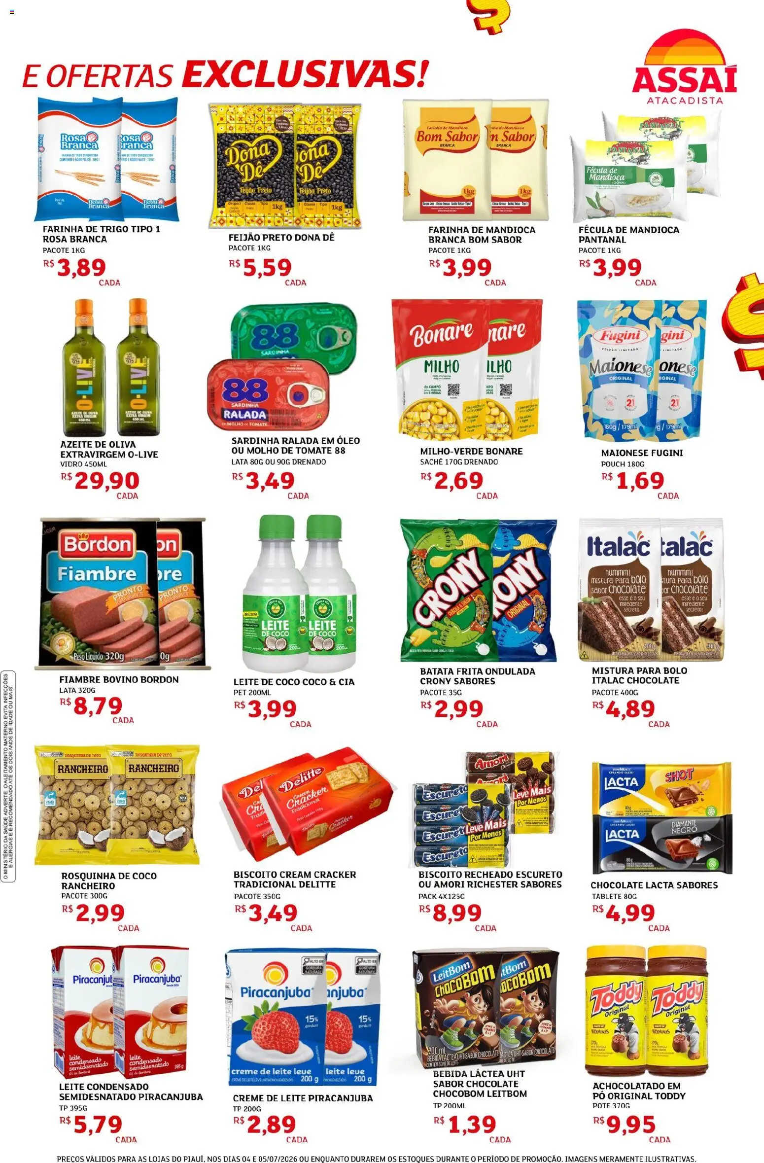 Assaí Atacadista Folheto - válido de 04/07/2026 | Página: 3 | Produtos: Farinha de trigo, Farinha de mandioca, Rosquinha, Azeite
