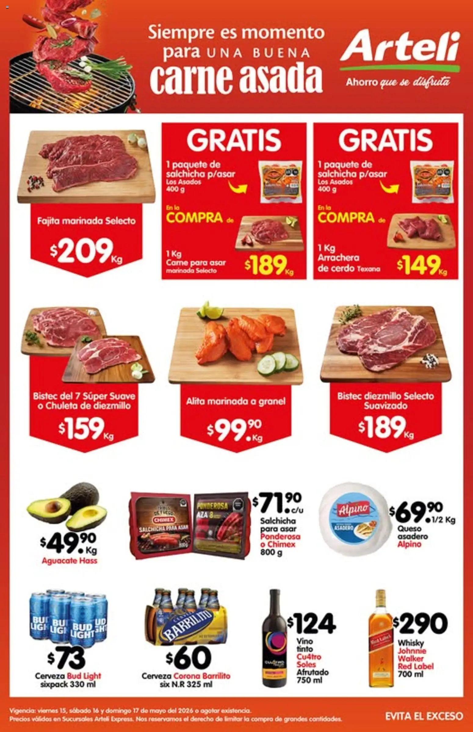 Nuevas ofertas de Arteli válidas en toda la República Mexicana desde el 15.05.2026. ¡Encuentra las mejores ofertas en Arteli folleto Carne Express! | Página: 1 | Productos: Queso, Aguacate, Cerdo, Whisky