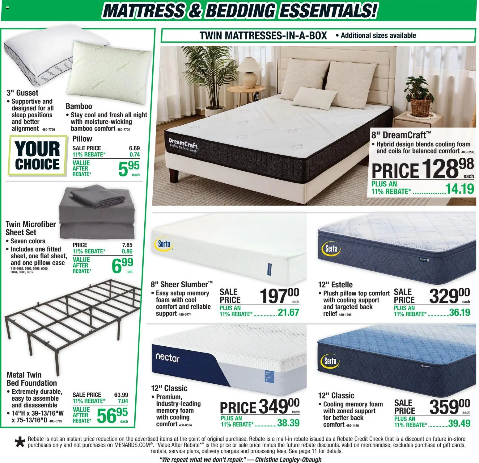 Menards Weekly Ad - valid from 07/23/2026 | Page: 4 | Products: Bed, Mattress, Pillow, Sheet