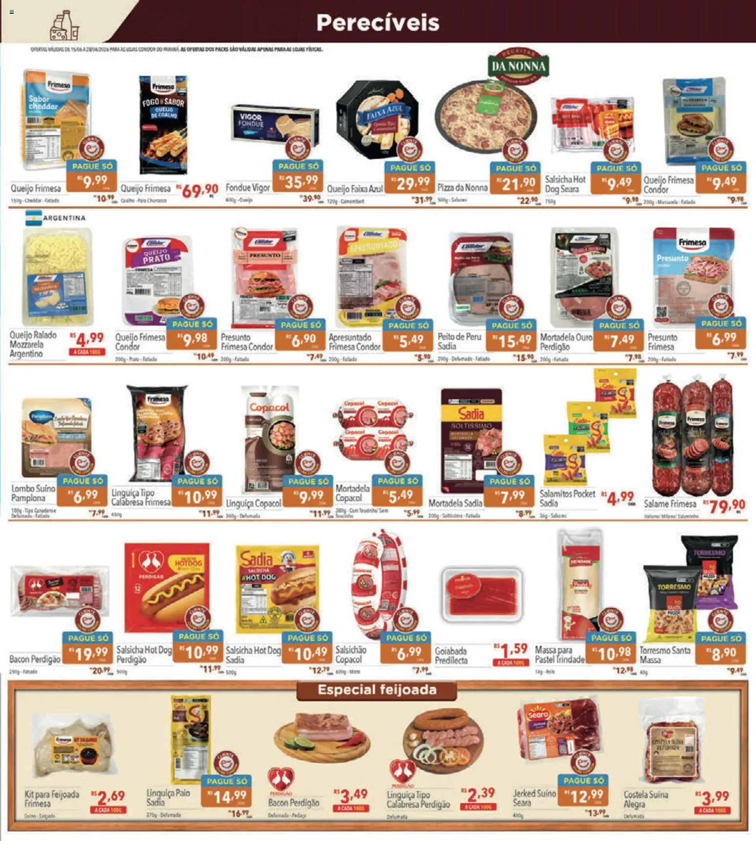 Supermercados Condor Folheto - válido de 15.06.2026 | Página: 15 | Produtos: Linguiça, Pizza, Mortadela, Queijo ralado