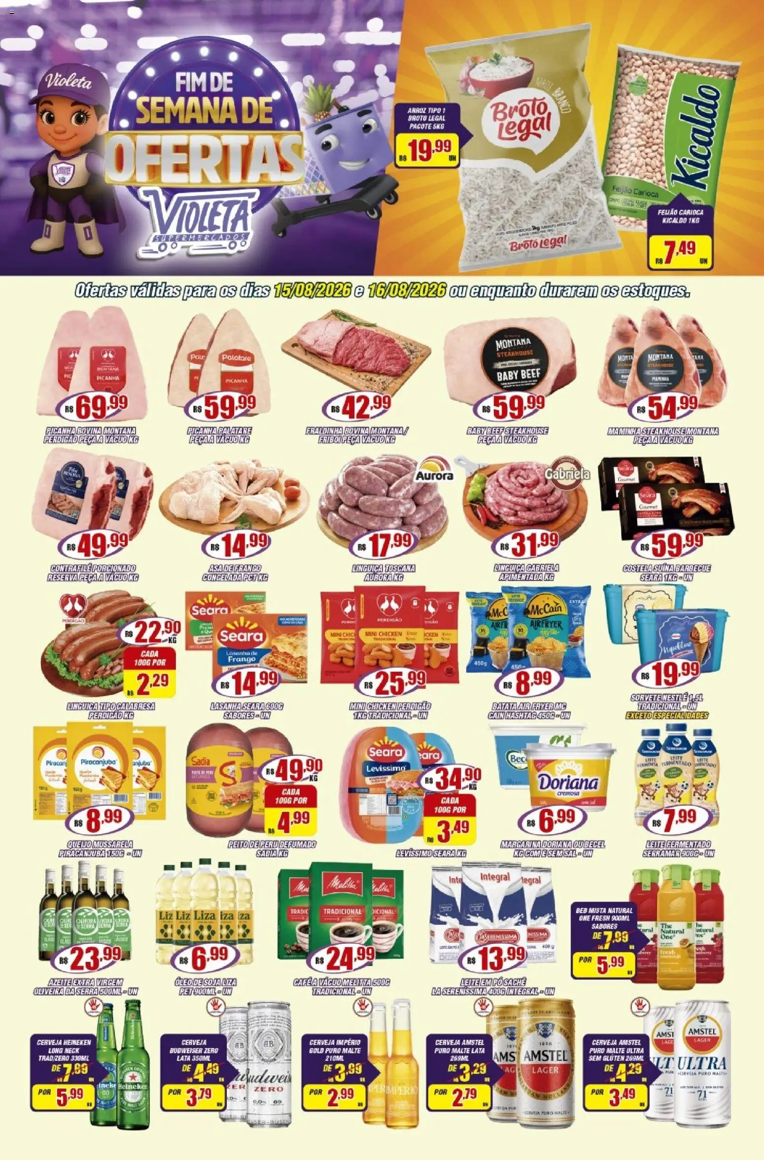 Violeta Supermercados Folheto - válido de 15/08/2026 | Página: 1 | Produtos: Fraldinha, Heineken, Sorvete, Frango