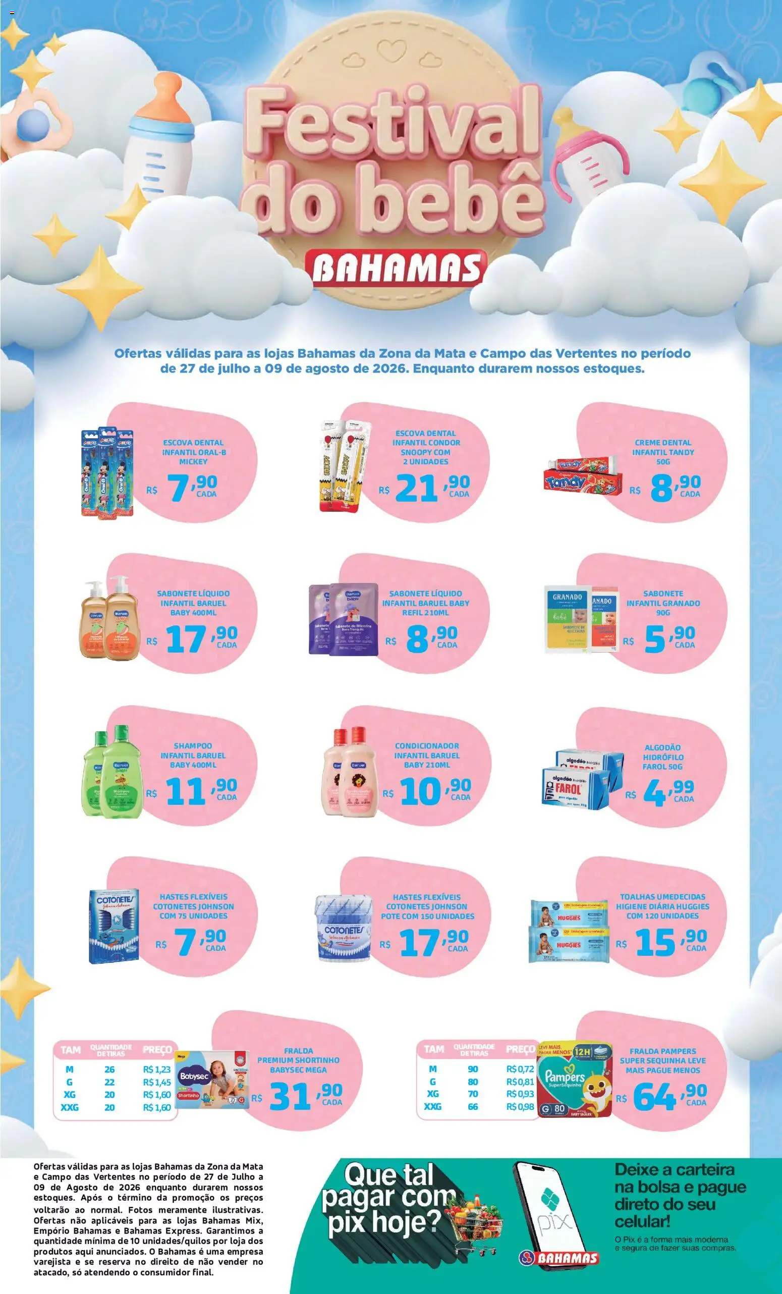 Bahamas Supermercados Folheto - válido de 27/07/2026 | Página: 1 | Produtos: Fralda pampers, Celular, Creme, Sabonete