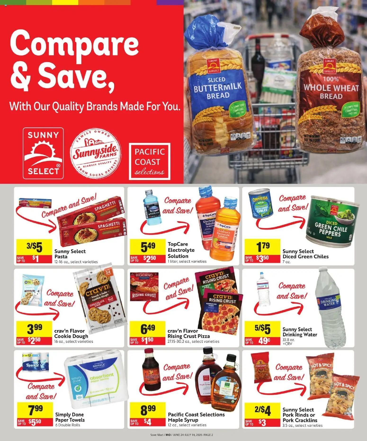 Save Mart Online Savings Guide - valid from 06/24/2026 | Page: 2 | Products: Chocolate, Pizza, Pork, Water