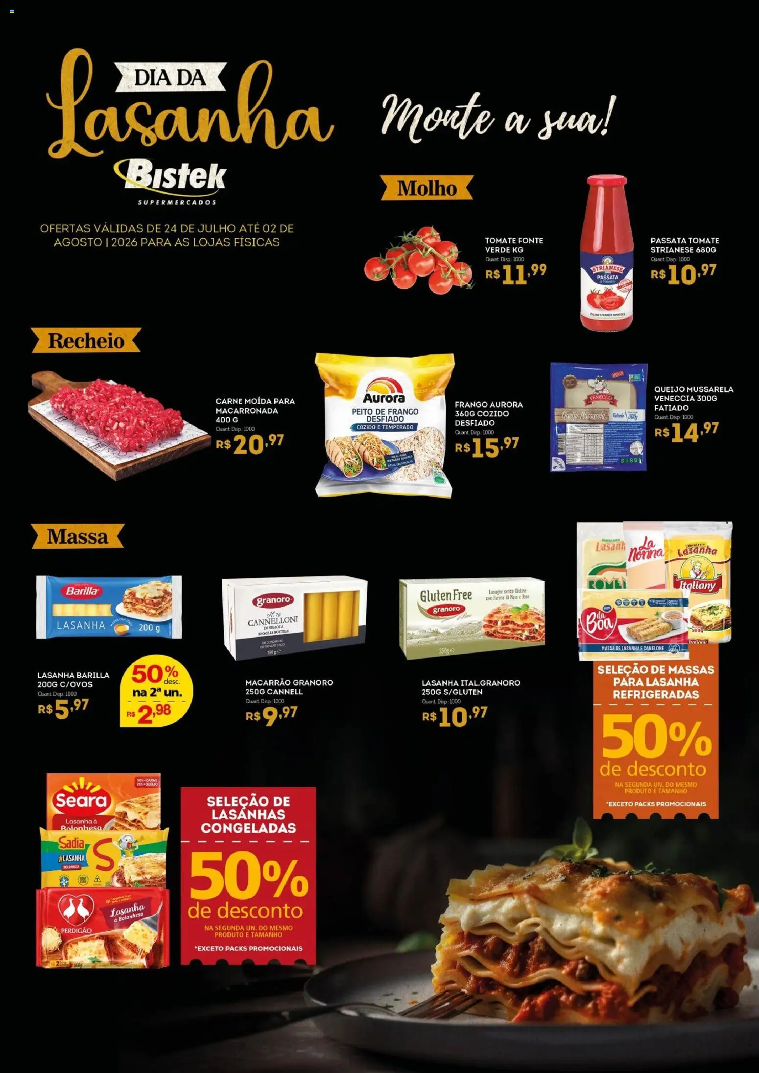 Bistek Supermercados Folheto - válido de 24/07/2026 | Página: 1 | Produtos: Carne, Massa, Lasanha, Mussarela