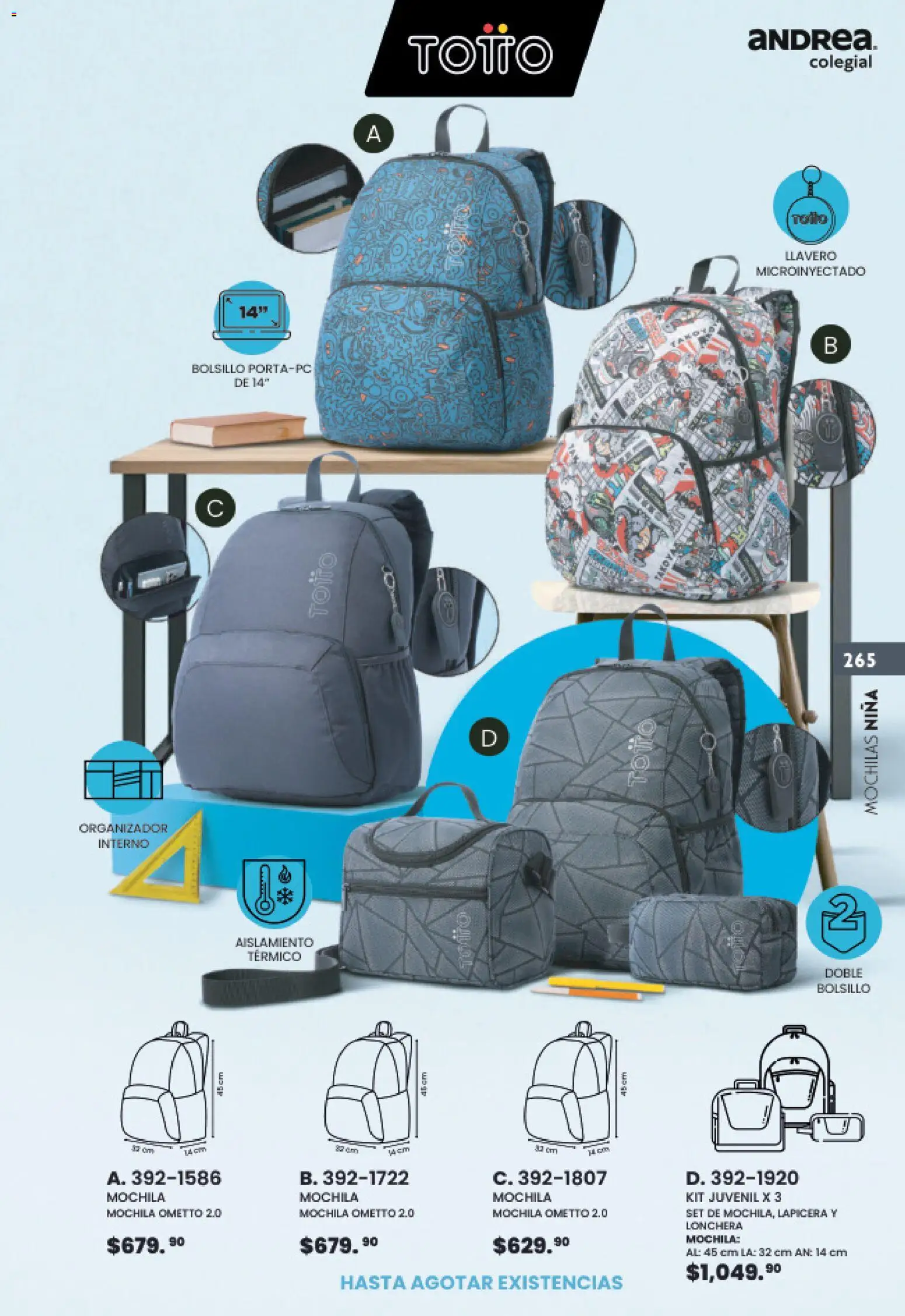 Nuevas ofertas de Andrea válidas en toda la República Mexicana desde el 23/05/2026. ¡Encuentra las mejores ofertas en Andrea catálogo Colegial! | Página: 265 | Productos: Llavero, Mochila, Organizador