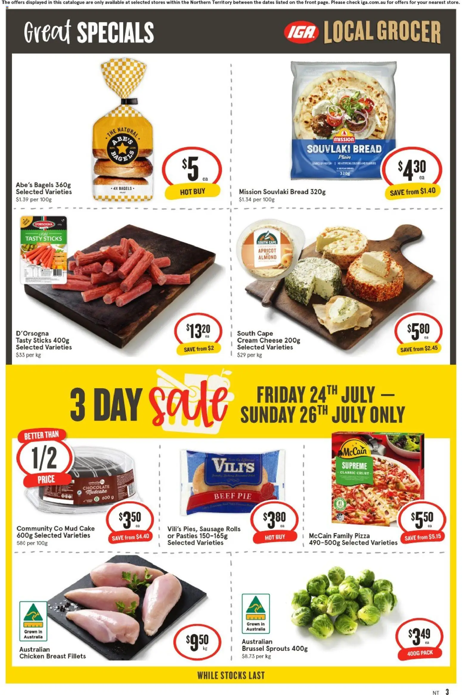 IGA catalogue - valid from 22/07/2026 | Page: 4 | Products: Bagels, Pizza, Chicken, Beef