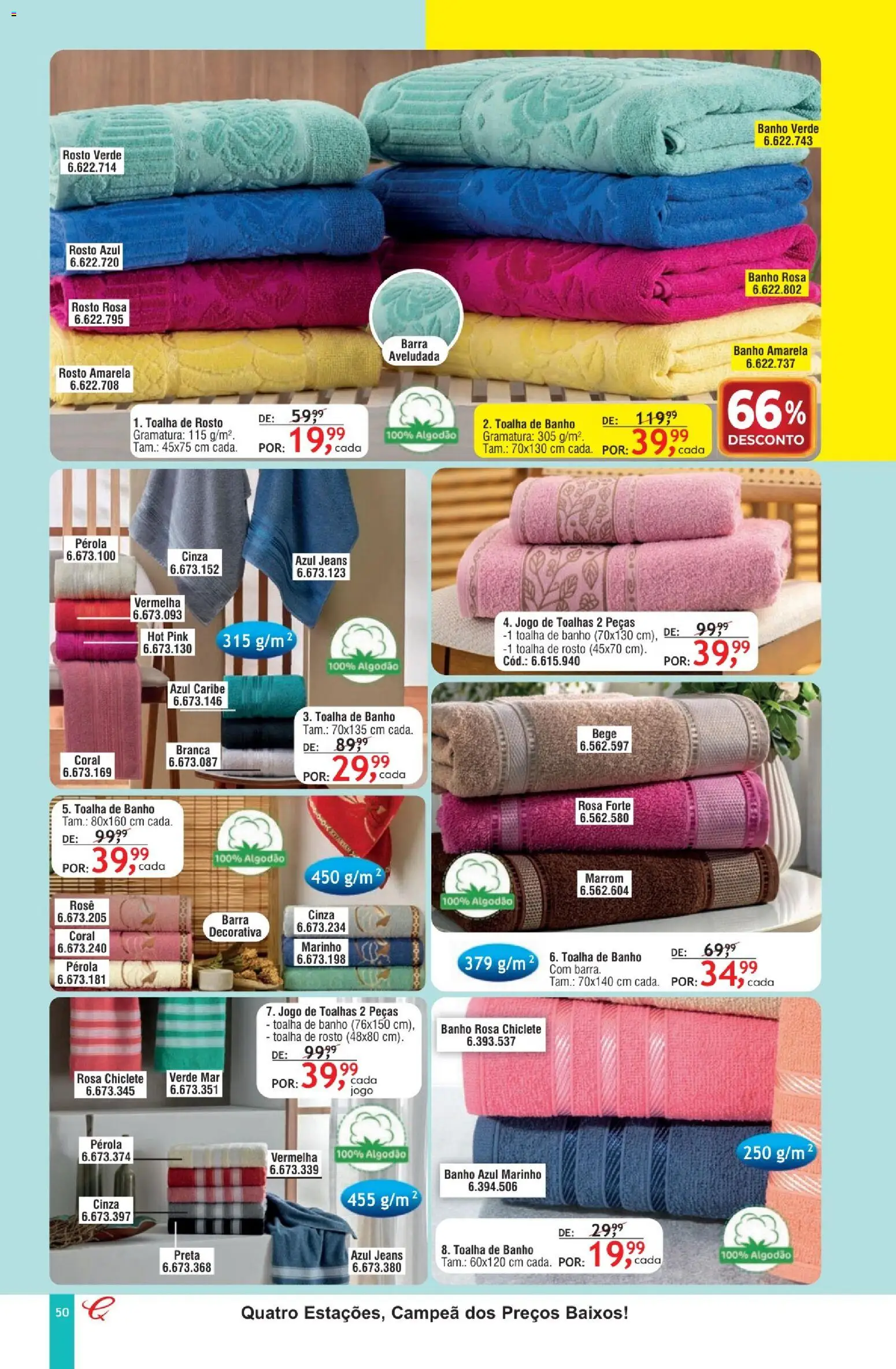 Quatro Estações Folheto - válido de 01/08/2026 | Página: 50 | Produtos: Toalha de banho, Algodão, Jeans, Chiclete