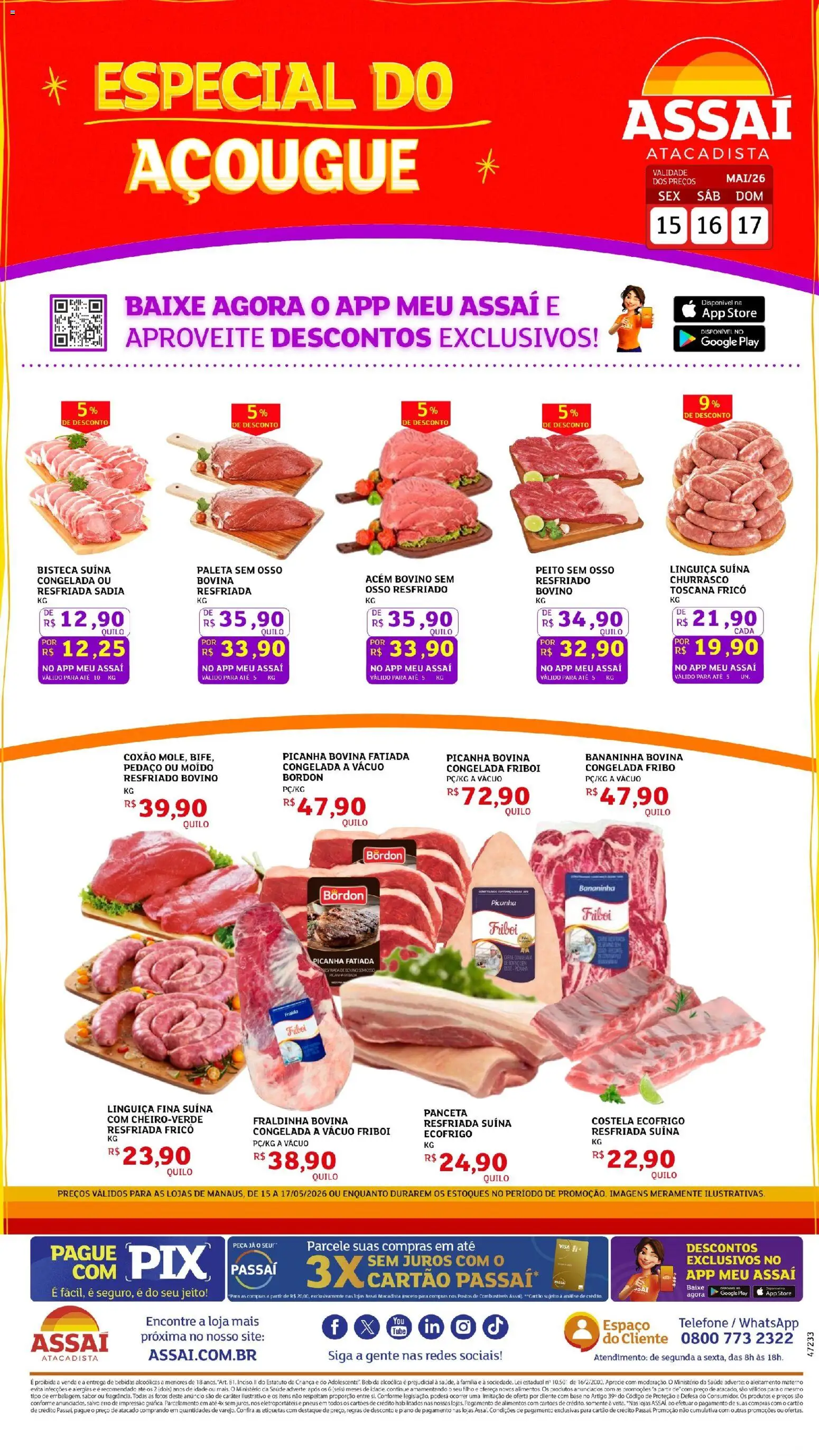 Assaí Atacadista Folheto - válido de 15.05.2026 | Página: 1 | Produtos: Acém, Picanha, Carne, Telefone