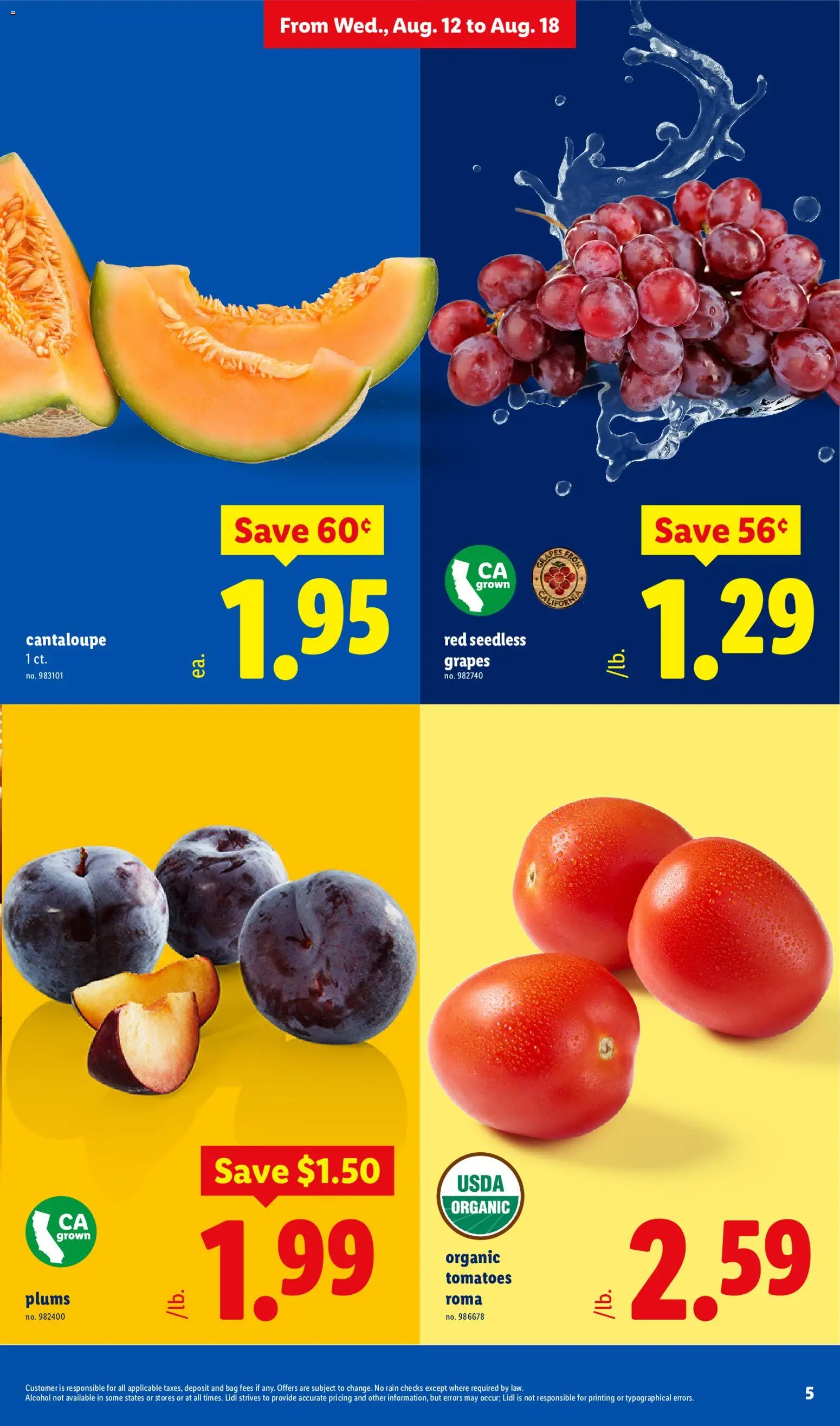 Lidl Weekly Ad - valid from 08/12/2026 | Page: 5 | Products: Plums, Tomatoes, Alcohol, Grapes