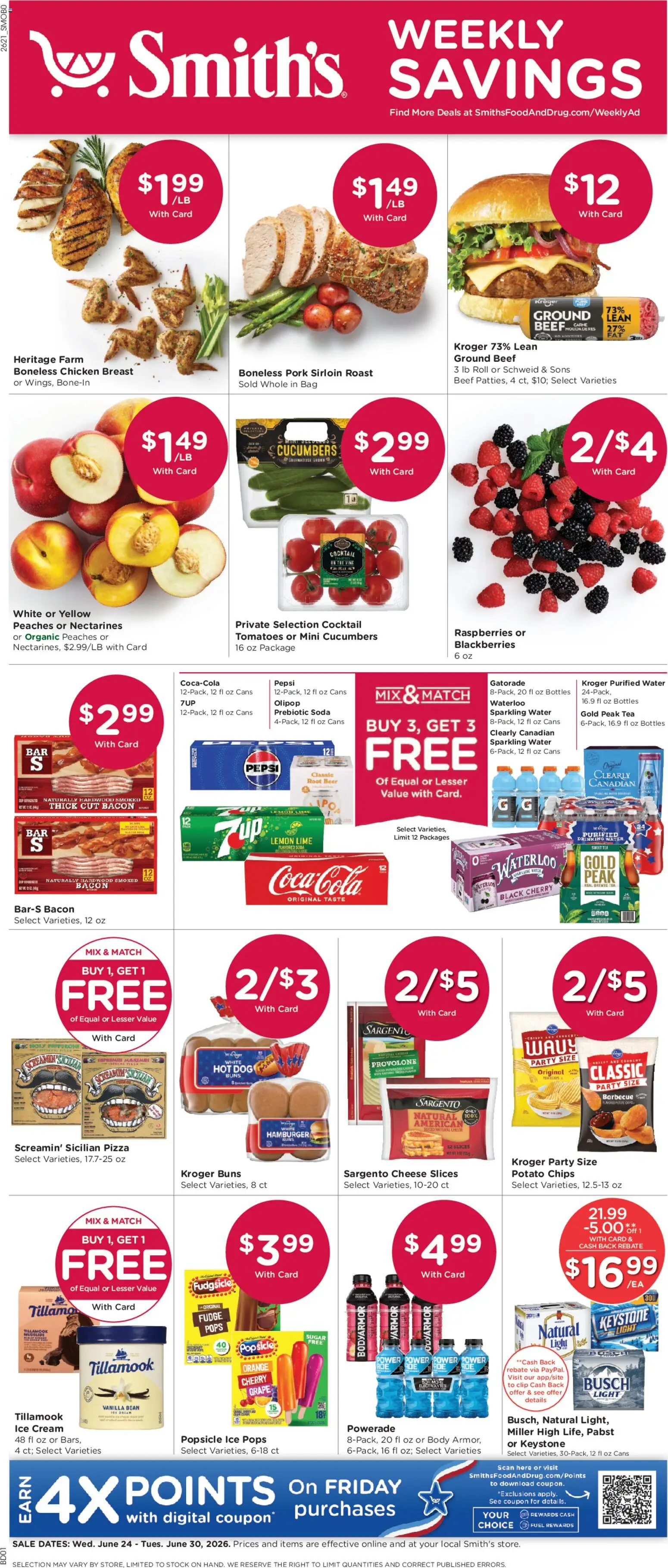 Smith's Weekly Ad - valid from 06/24/2026 | Page: 1 | Products: Tomatoes, Water, Bag, 2人掛けソファ
