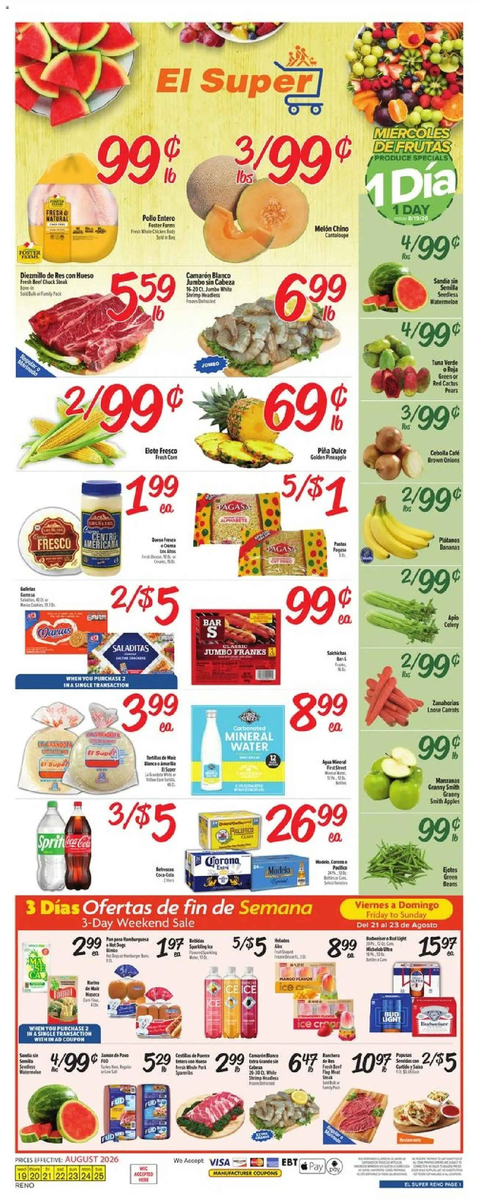 El Super Weekly Ad - valid from 08/19/2026 | Page: 1 | Products: Shrimp, Apples, Watermelon, Steak