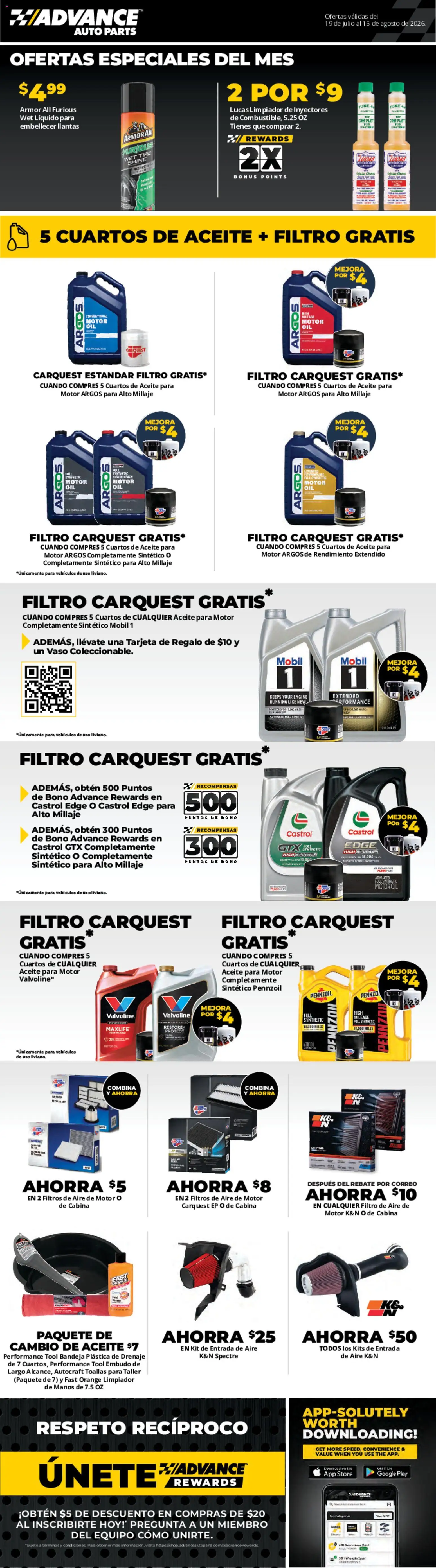 Advance Auto Parts Weekly Ad - Spanish - valid from 07/19/2026 | Page: 1 | Products: Tire, Oil, Motor Oil