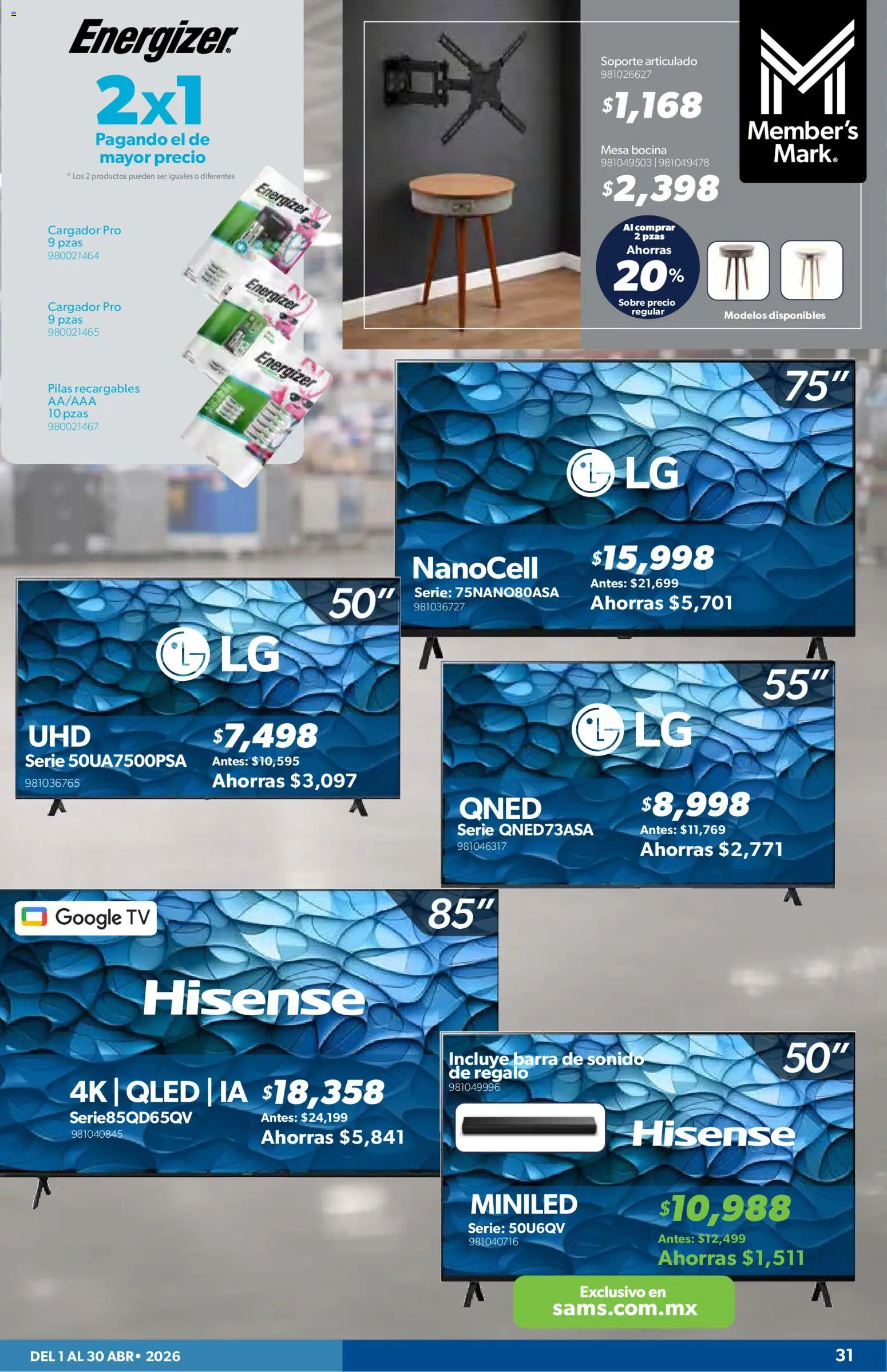 Nuevas ofertas de Sam's Club válidas en toda la República Mexicana desde el 01.04.2026. ¡Encuentra las mejores ofertas en Sam's Club catálogo! | Página: 31 | Productos: Bocina, Barra, Mesa, Sobre