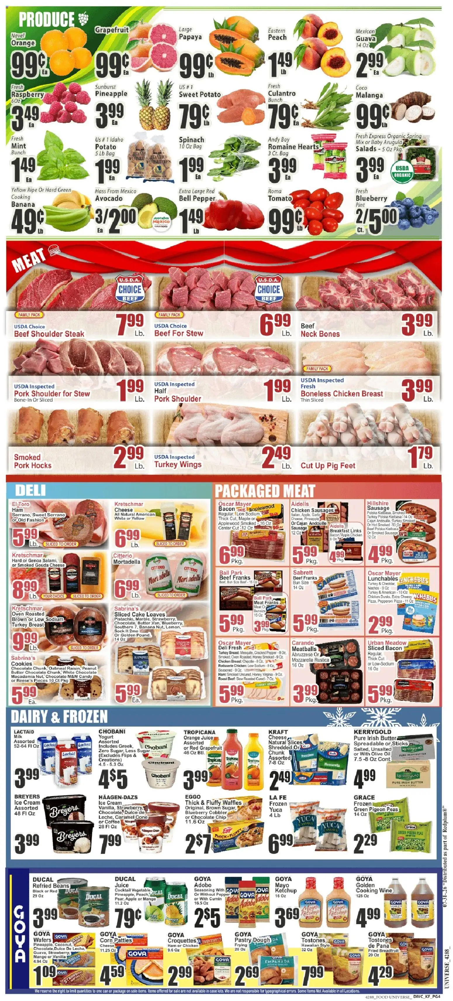 Food Universe Weekly Ad - valid from 07/31/2026 | Page: 4 | Products: Avocado, Sugar, Sausage, Raspberry