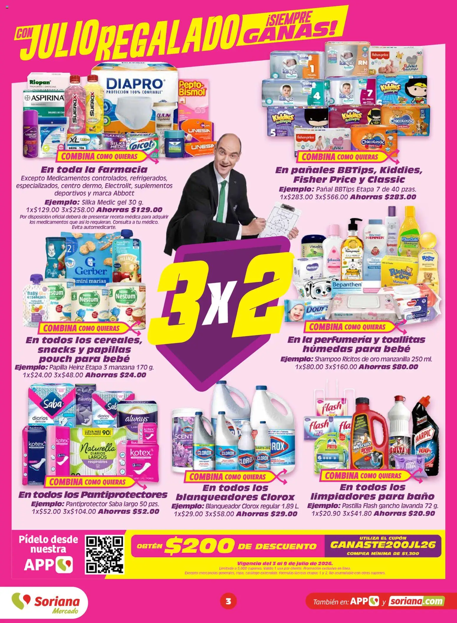 Nuevas ofertas de Soriana válidas en toda la República Mexicana desde el 03/07/2026. ¡Encuentra las mejores ofertas en Soriana Julio Regalado Mercado Nacional! | Página: 3 | Productos: Manzana, Arroz, Pañales, Cloro