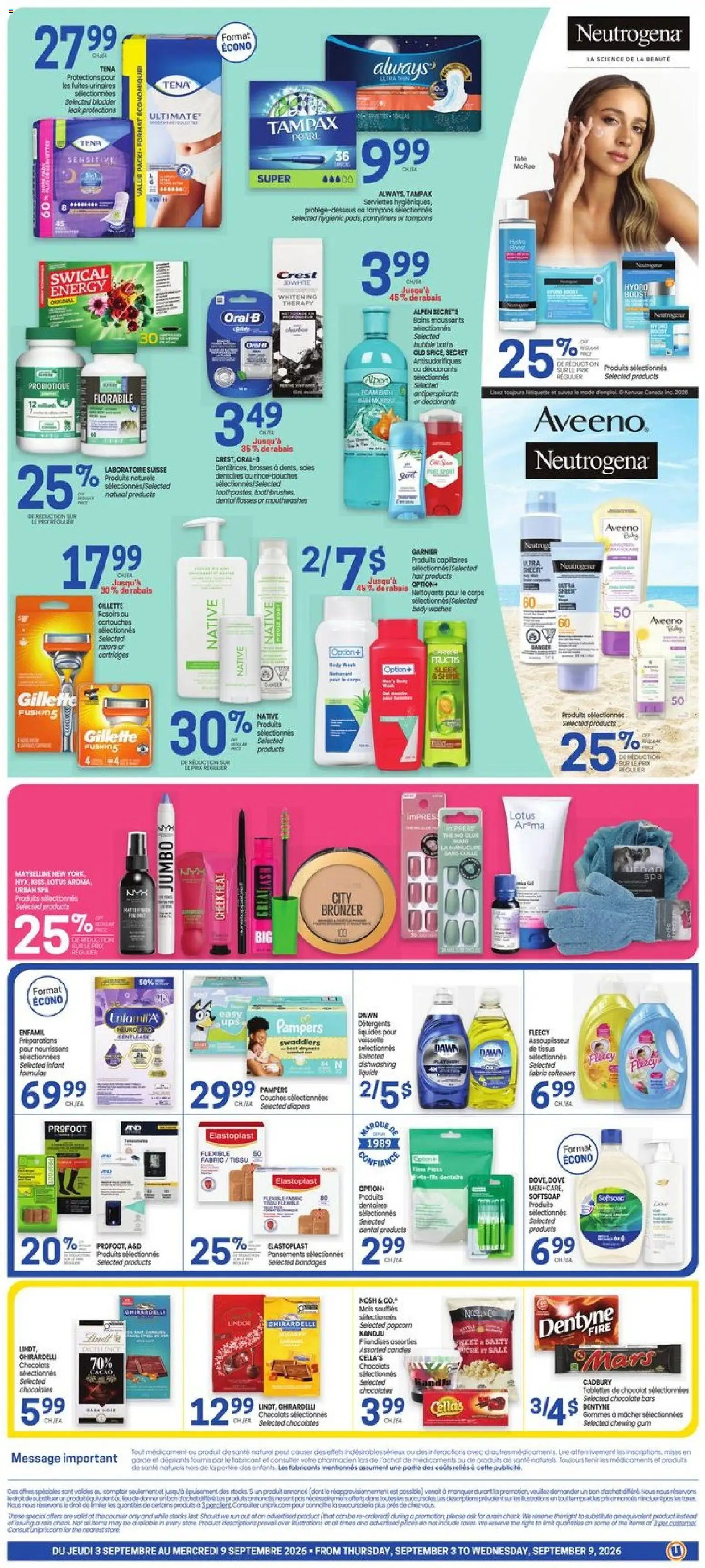 Uniprix flyer valid from Sep 3, 2026 | Page: 2 | Products: Lindt, Lotus, Tampons, Chocolate