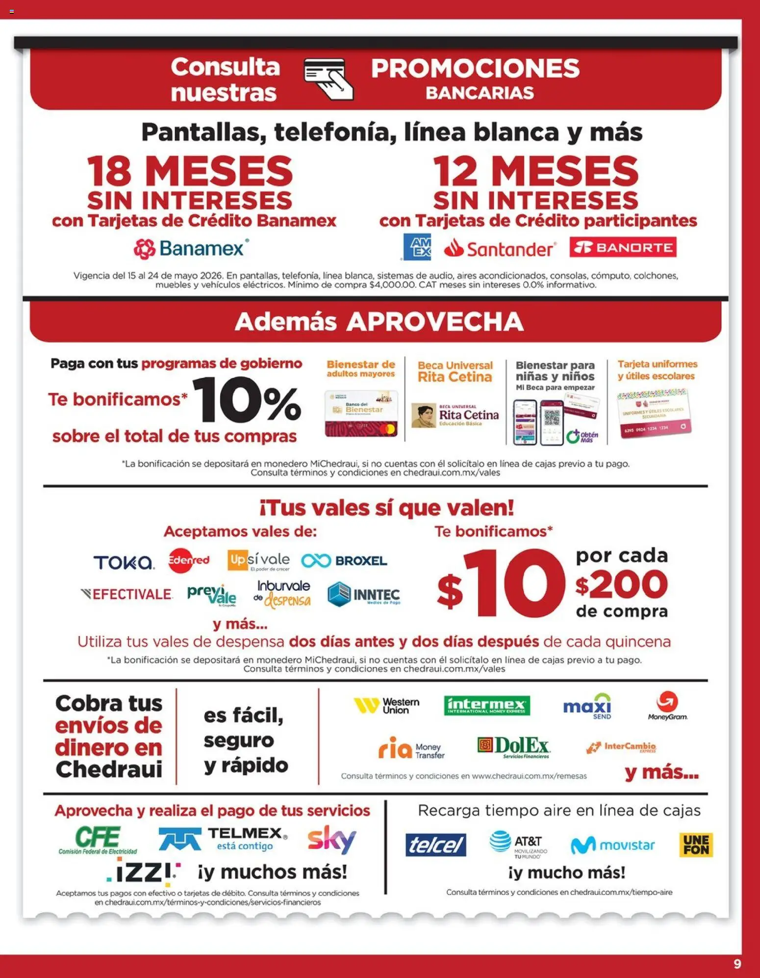Nuevas ofertas de Chedraui válidas en toda la República Mexicana desde el 15.05.2026. ¡Encuentra las mejores ofertas en Chedraui folleto LLevarte más cuesta aún menos! | Página: 9 | Productos: Monedero, Banco, Despensa, Sobre