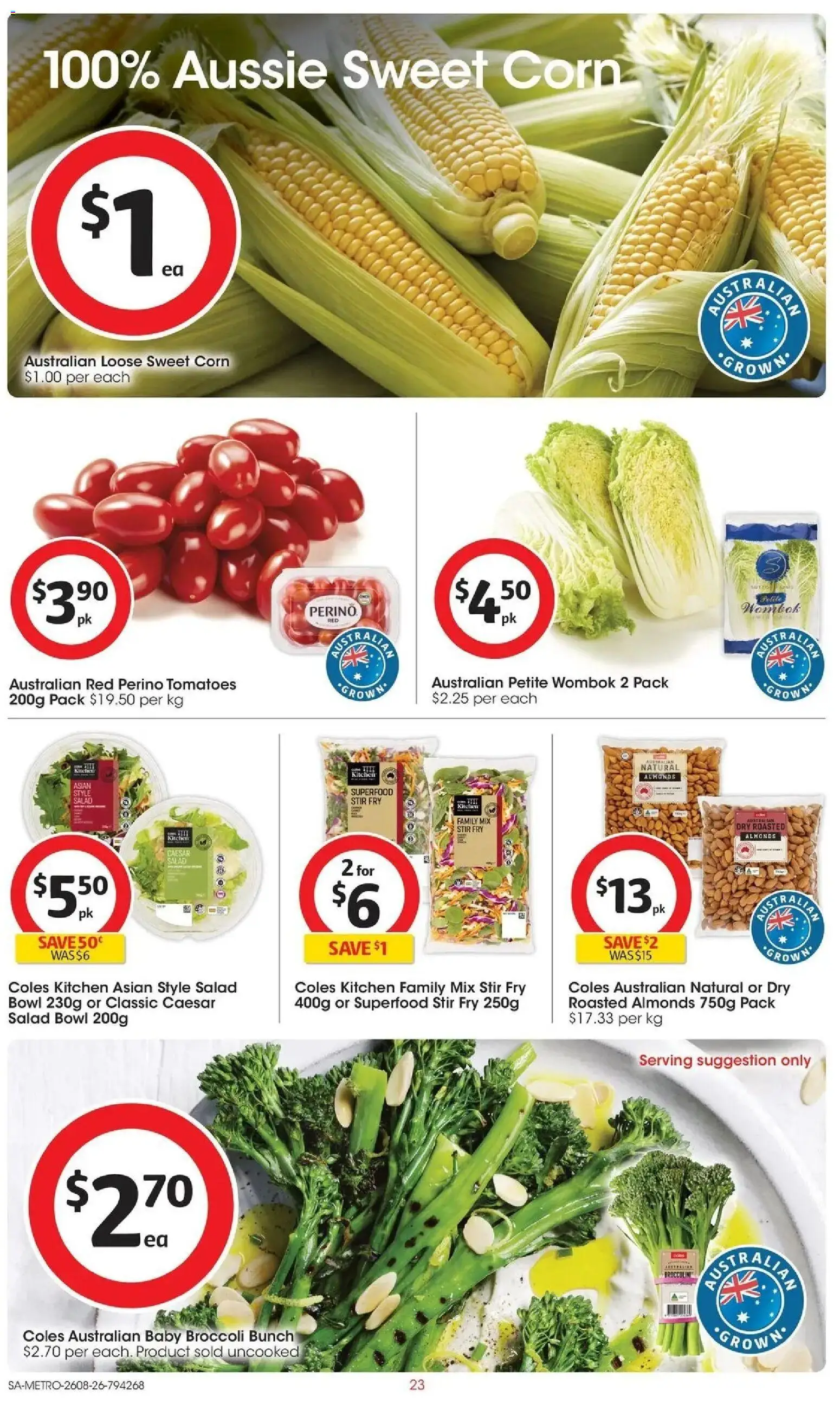 ﻿Coles catalogue valid from 26/08/2026 > Online Australia | Page: 23 | Products: Broccoli, Roasted almonds, Tomatoes, Salad